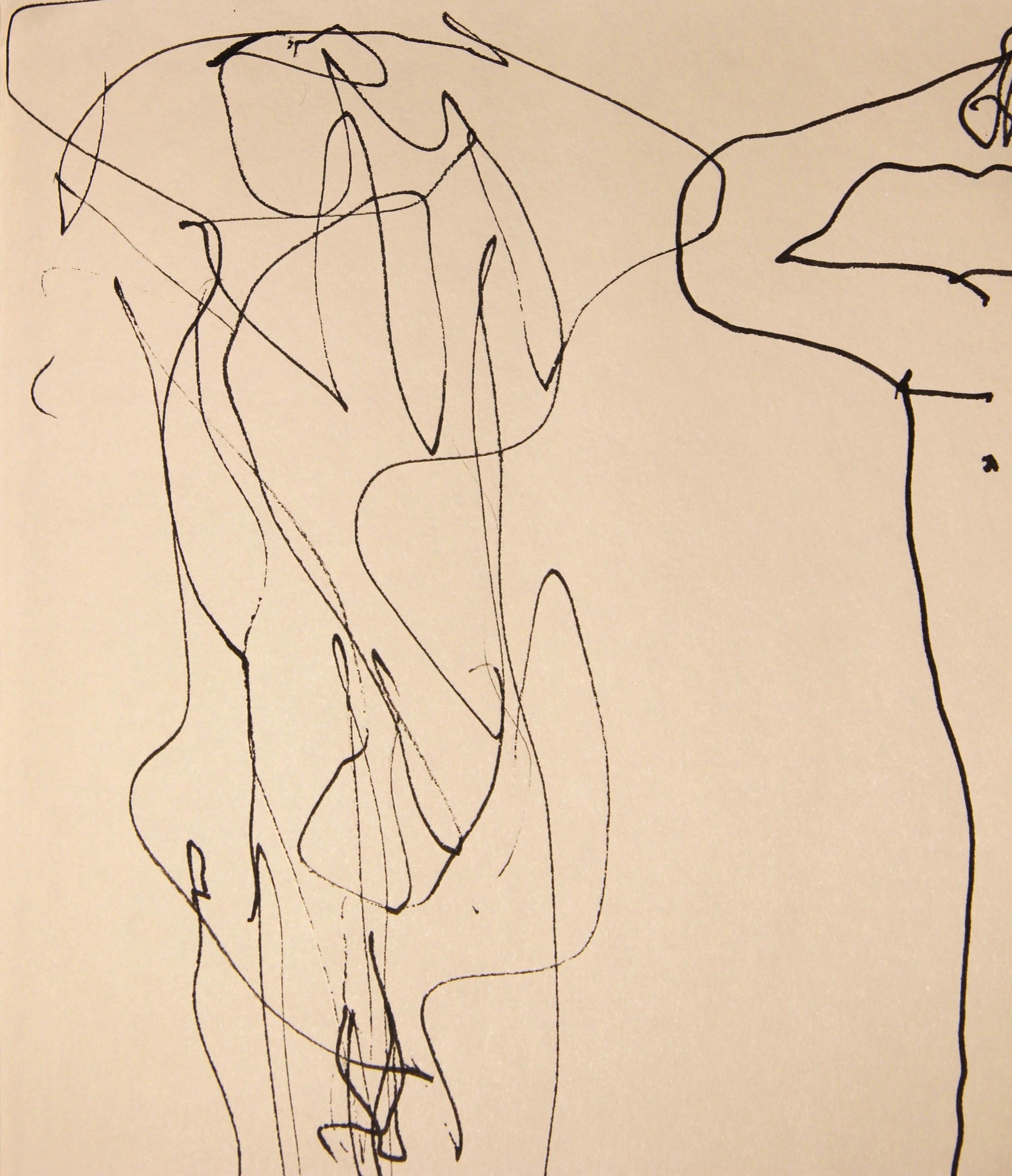 Modern Abstract Black Ink Line Drawing of a Pair of Standing Male Nudes 1