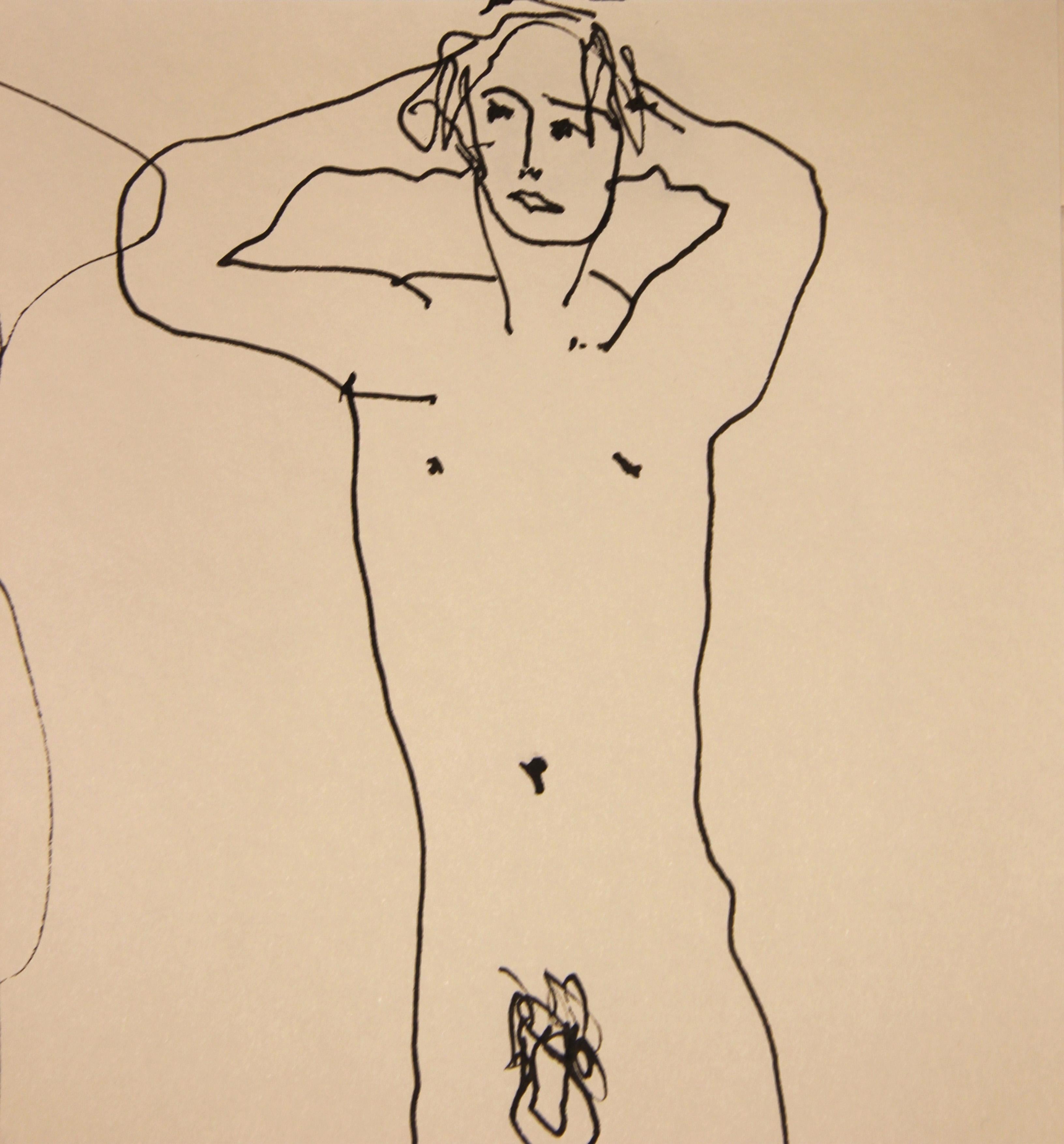 Modern Abstract Black Ink Line Drawing of a Pair of Standing Male Nudes 2