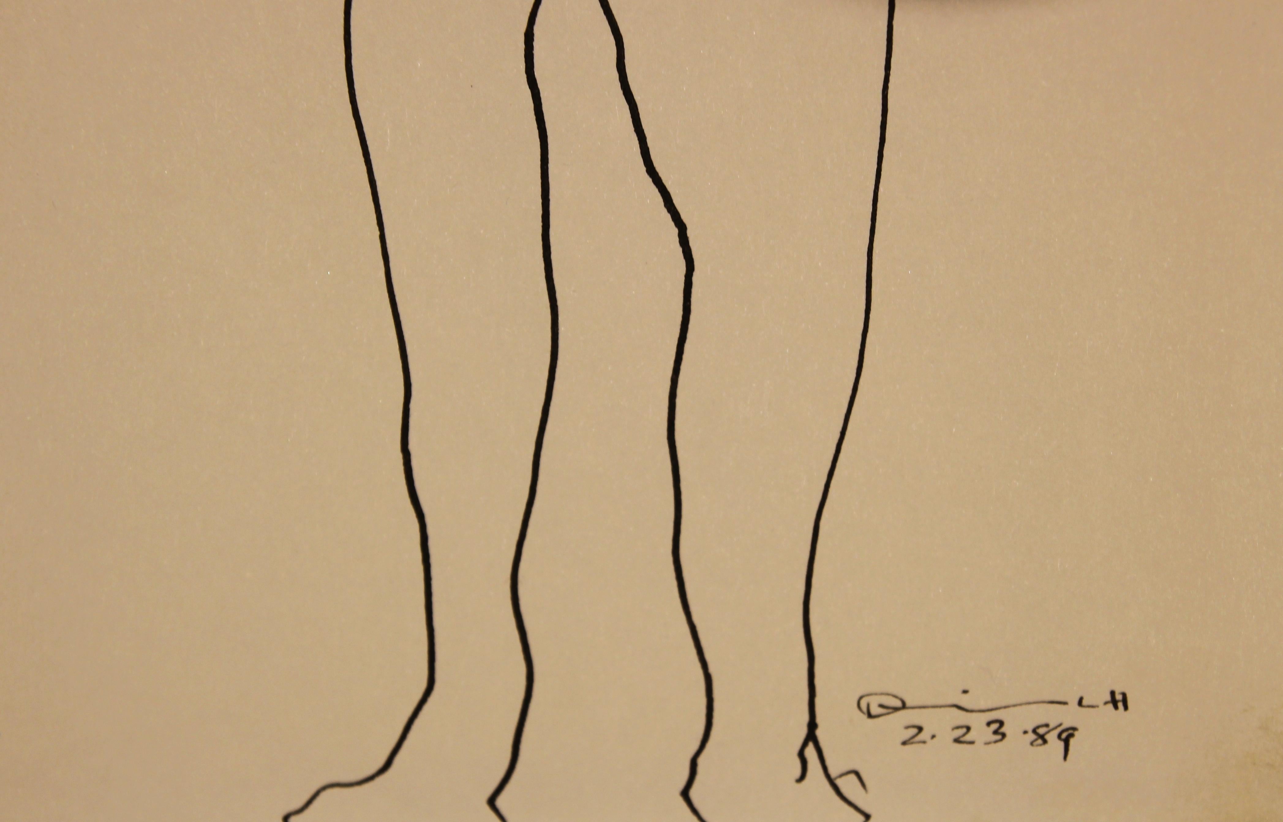 Modern Abstract Black Ink Line Drawing of a Pair of Standing Male Nudes 6