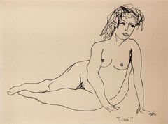 Modern Abstract Black Ink Line Drawing of a Reclining Female Nude