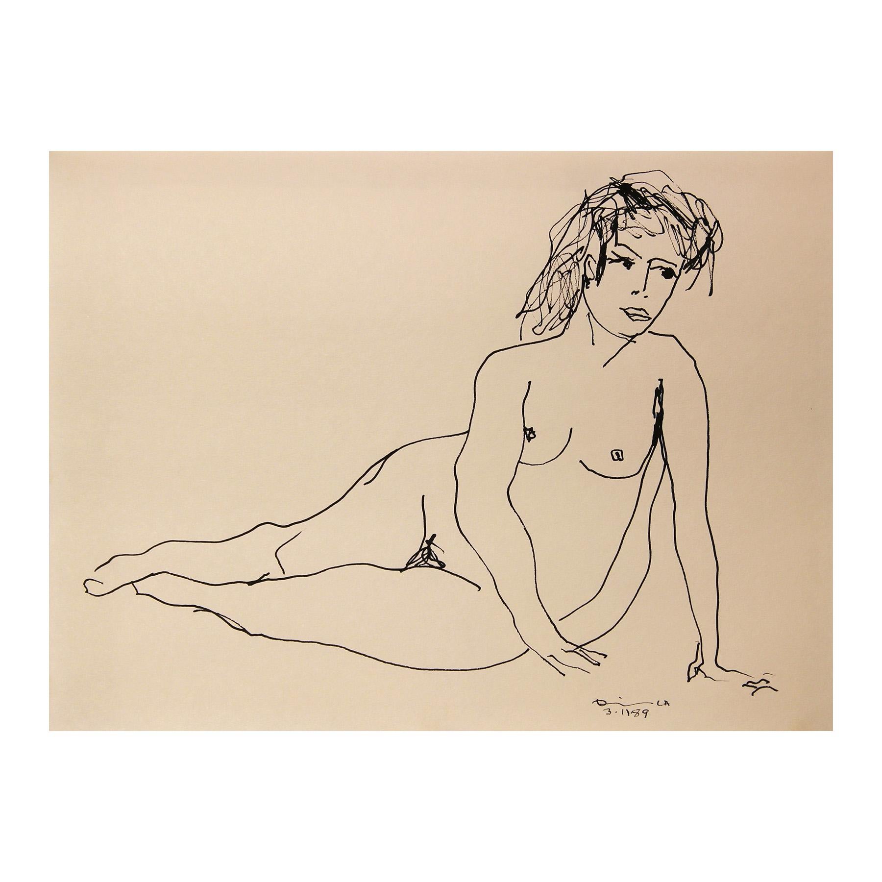 Dessin moderne abstrait à l'encre noire en ligne d'un nu féminin couché - Art de Frank Dolejska