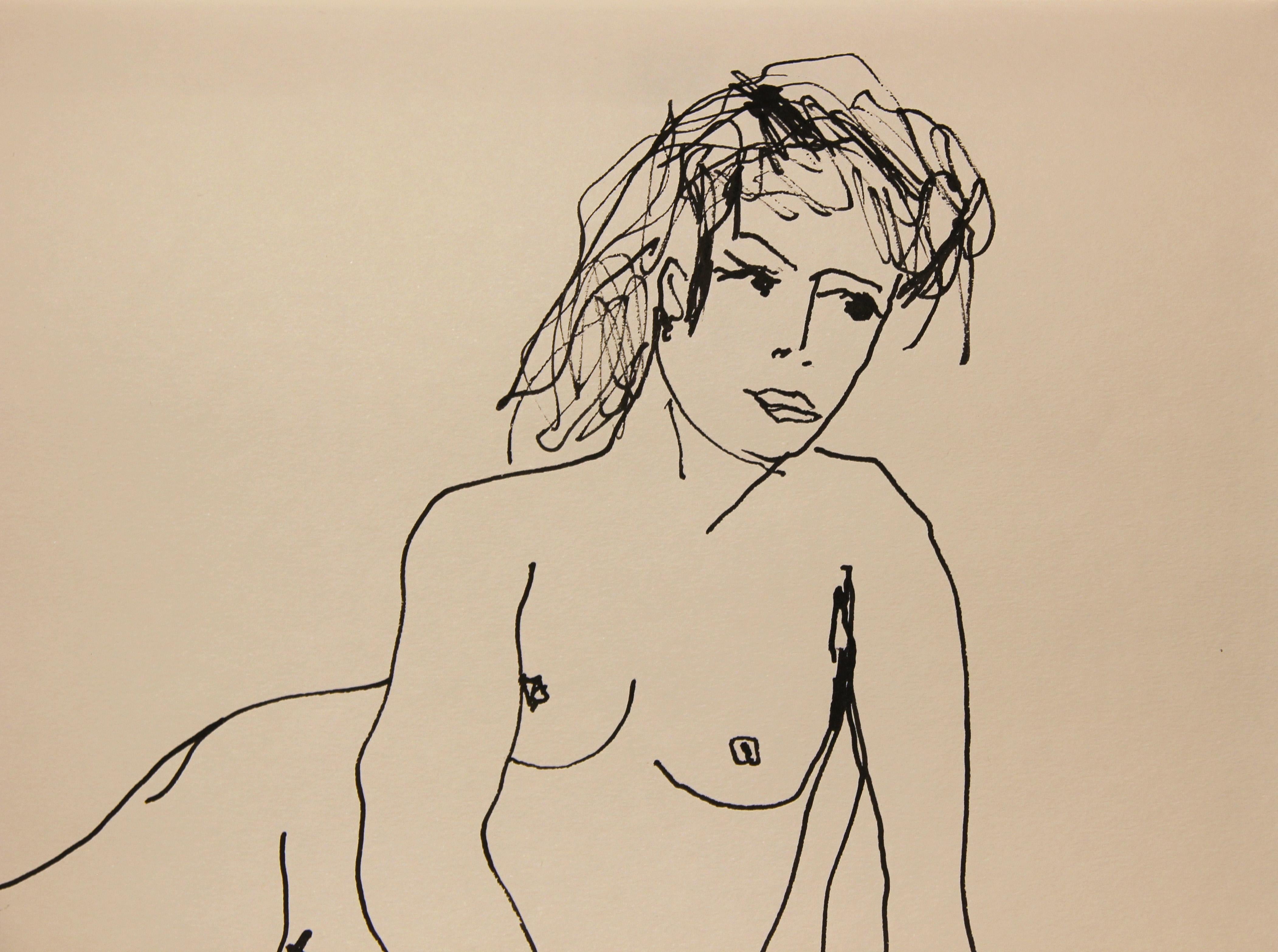 Modern Abstract Black Ink Line Drawing of a Reclining Female Nude - Beige Figurative Art by Frank Dolejska