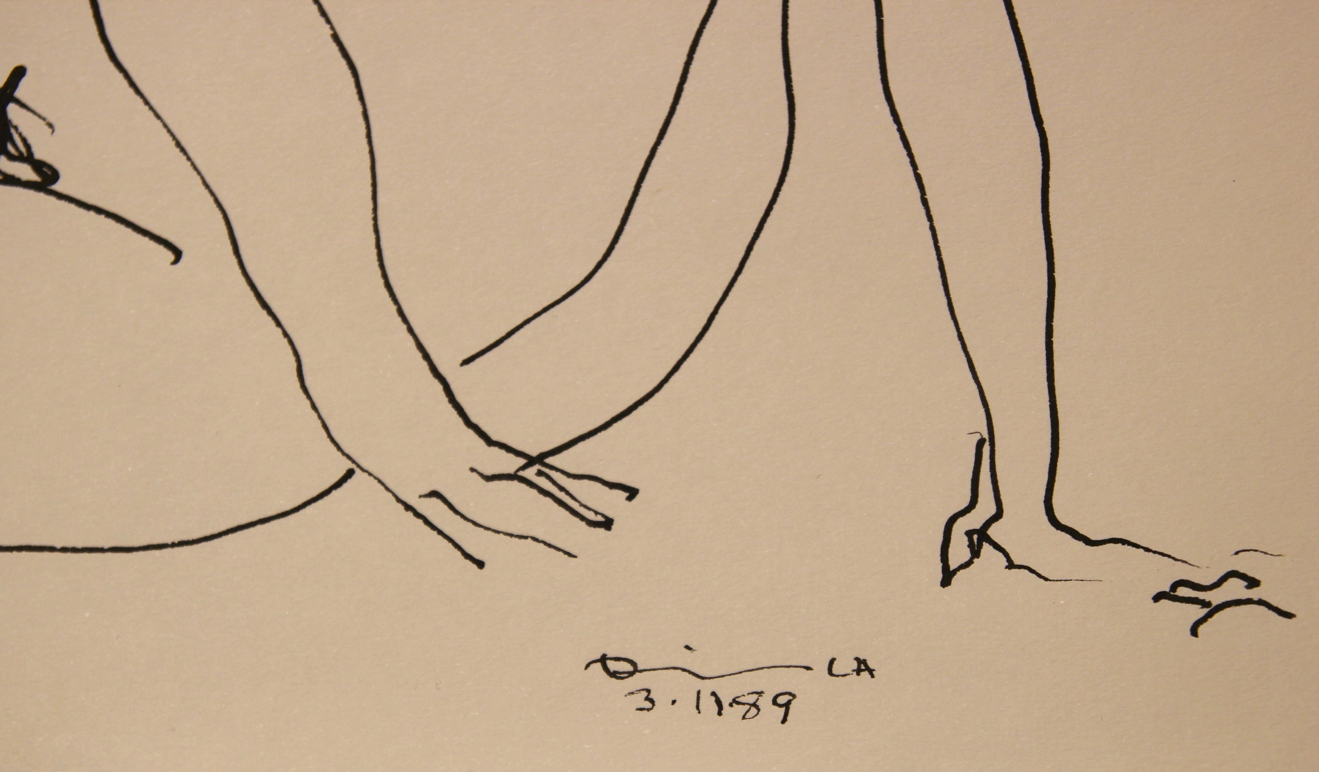 Dessin moderne abstrait à l'encre noire en ligne d'un nu féminin couché en vente 2
