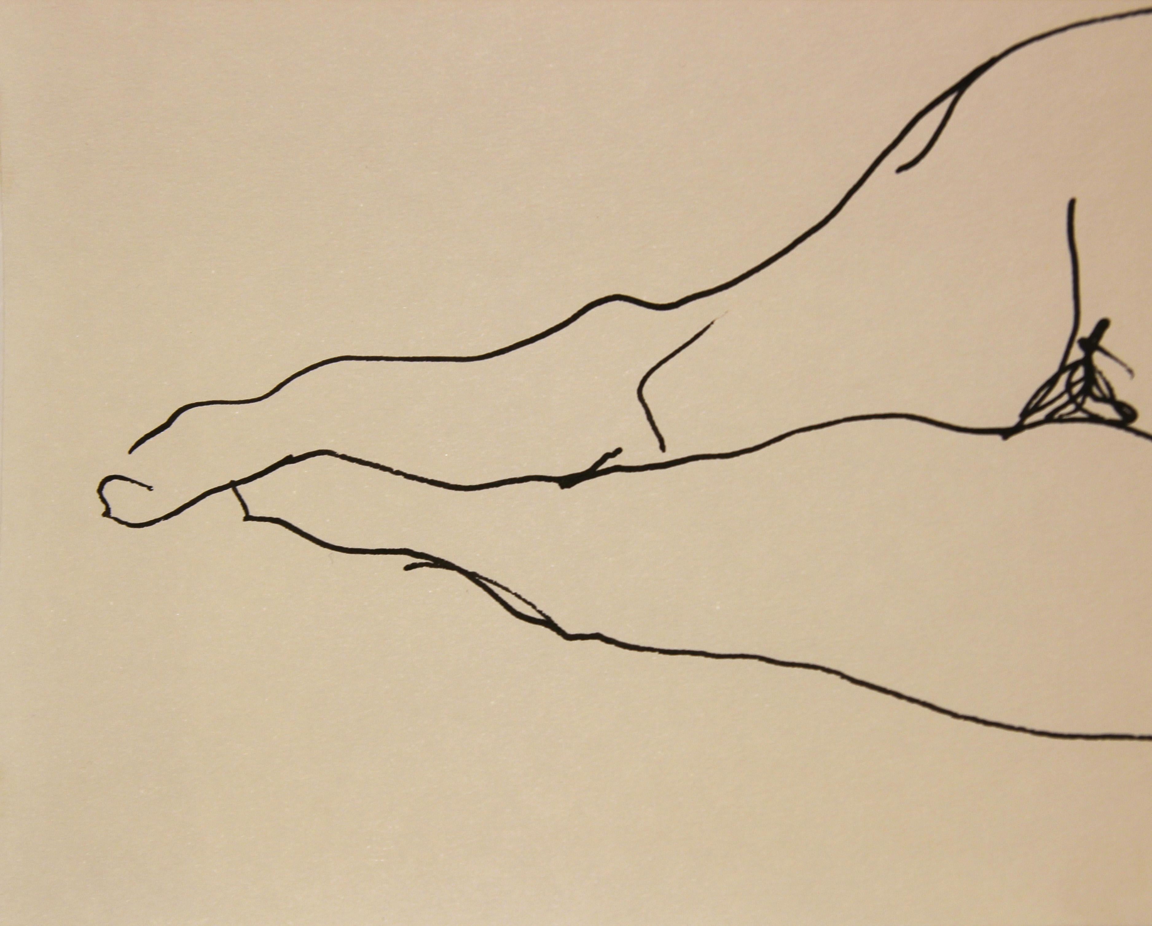 Modern abstract black ink line drawing of a reclining female nude. The work features a loose rendering of a single woman laying on her left hip and looking off in the distance. Signed and dated in front lower right corner. Currently unframed, but