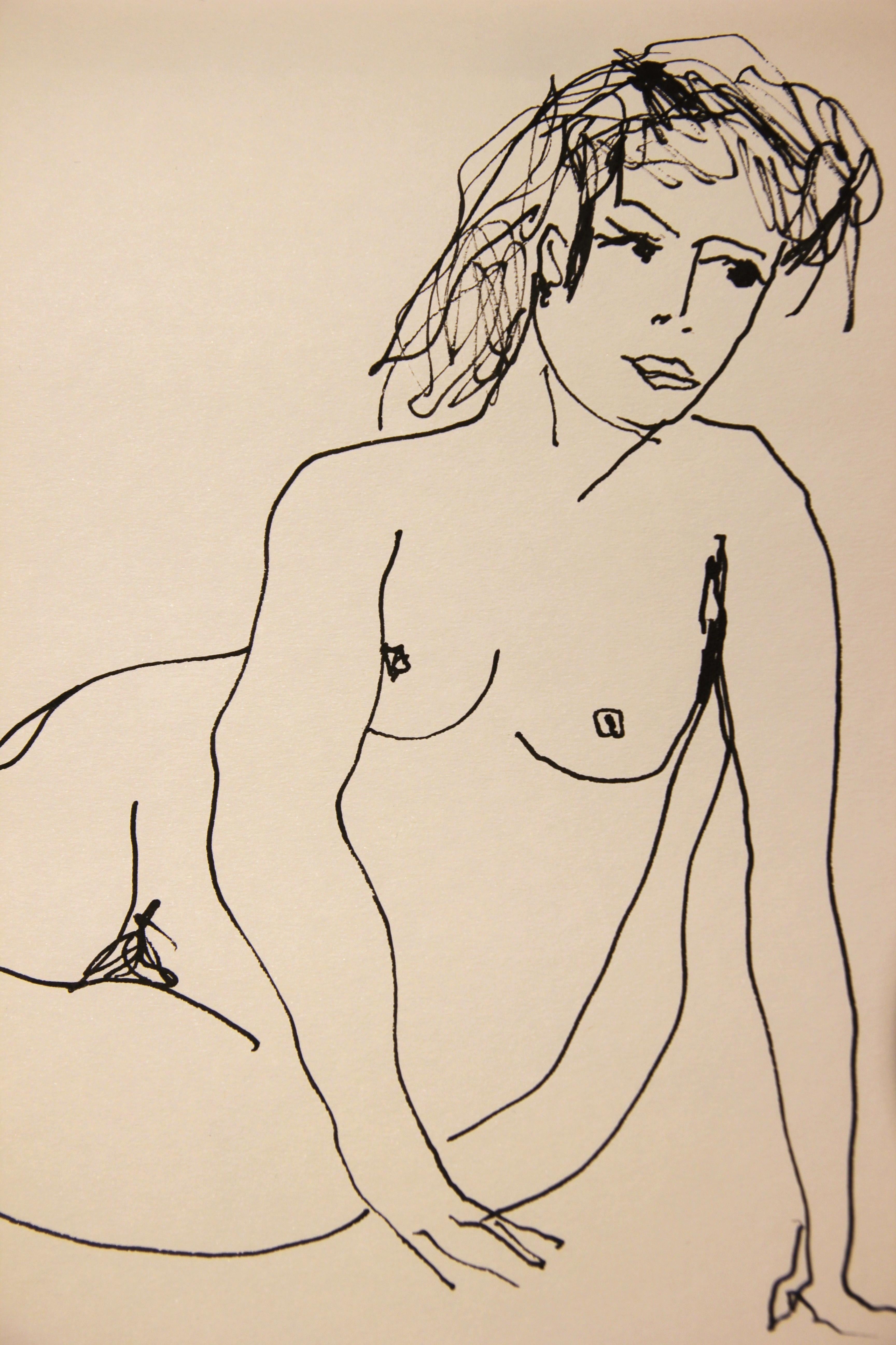Modern Abstract Black Ink Line Drawing of a Reclining Female Nude For Sale 2