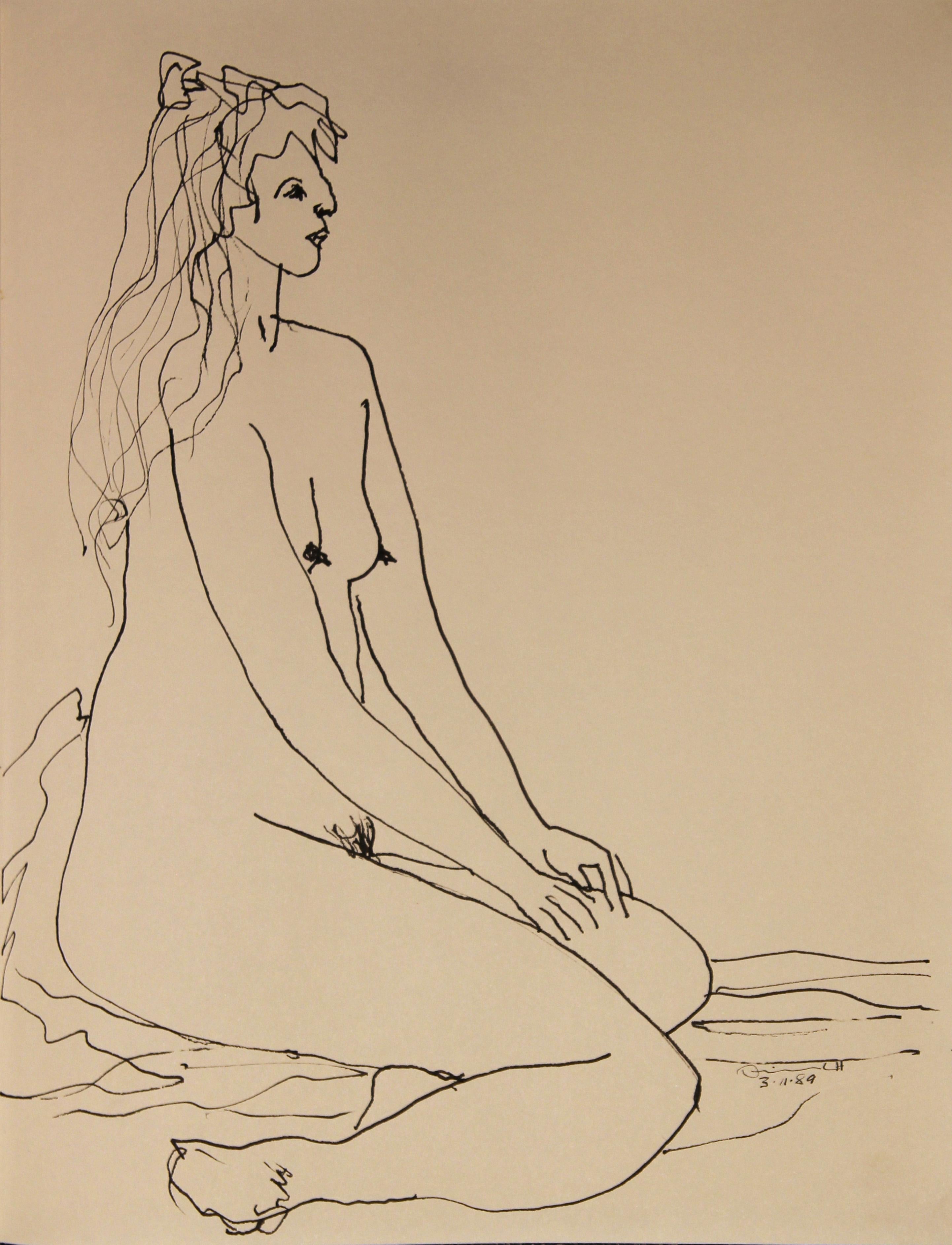Modern Abstract Black Ink Line Drawing of a Seated Female Nude