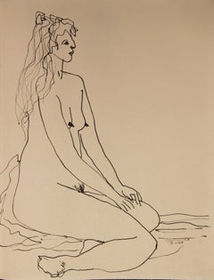 Retro Modern Abstract Black Ink Line Drawing of a Seated Female Nude