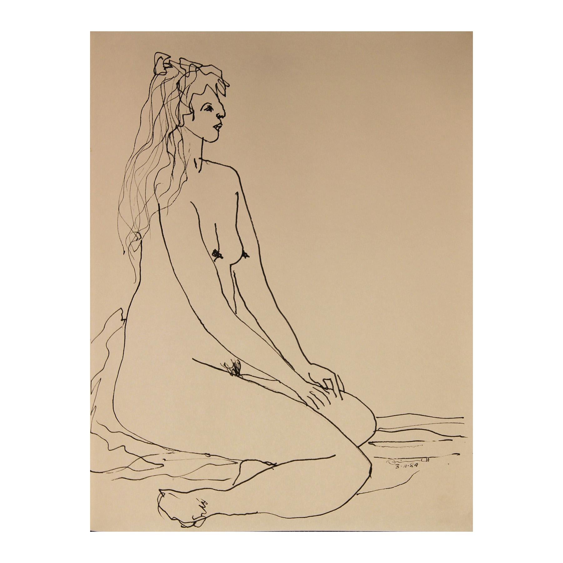 Drawing moderne abstrait à l'encre noire en ligne d'un nu féminin assis - Art de Frank Dolejska