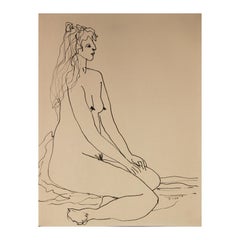 Modern Abstract Black Ink Line Drawing of a Seated Female Nude