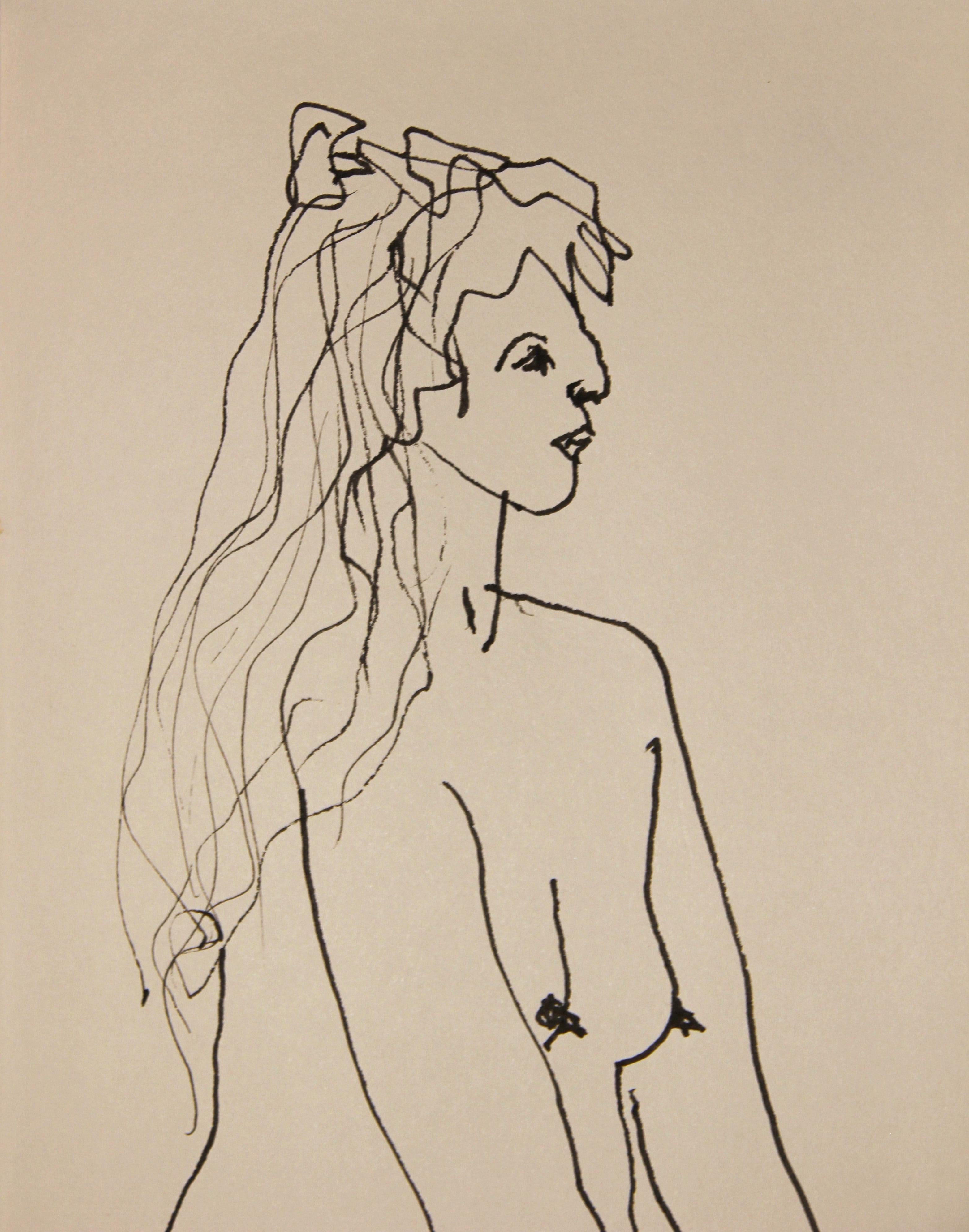 Modern Abstract Black Ink Line Drawing of a Seated Female Nude - Beige Figurative Art by Frank Dolejska