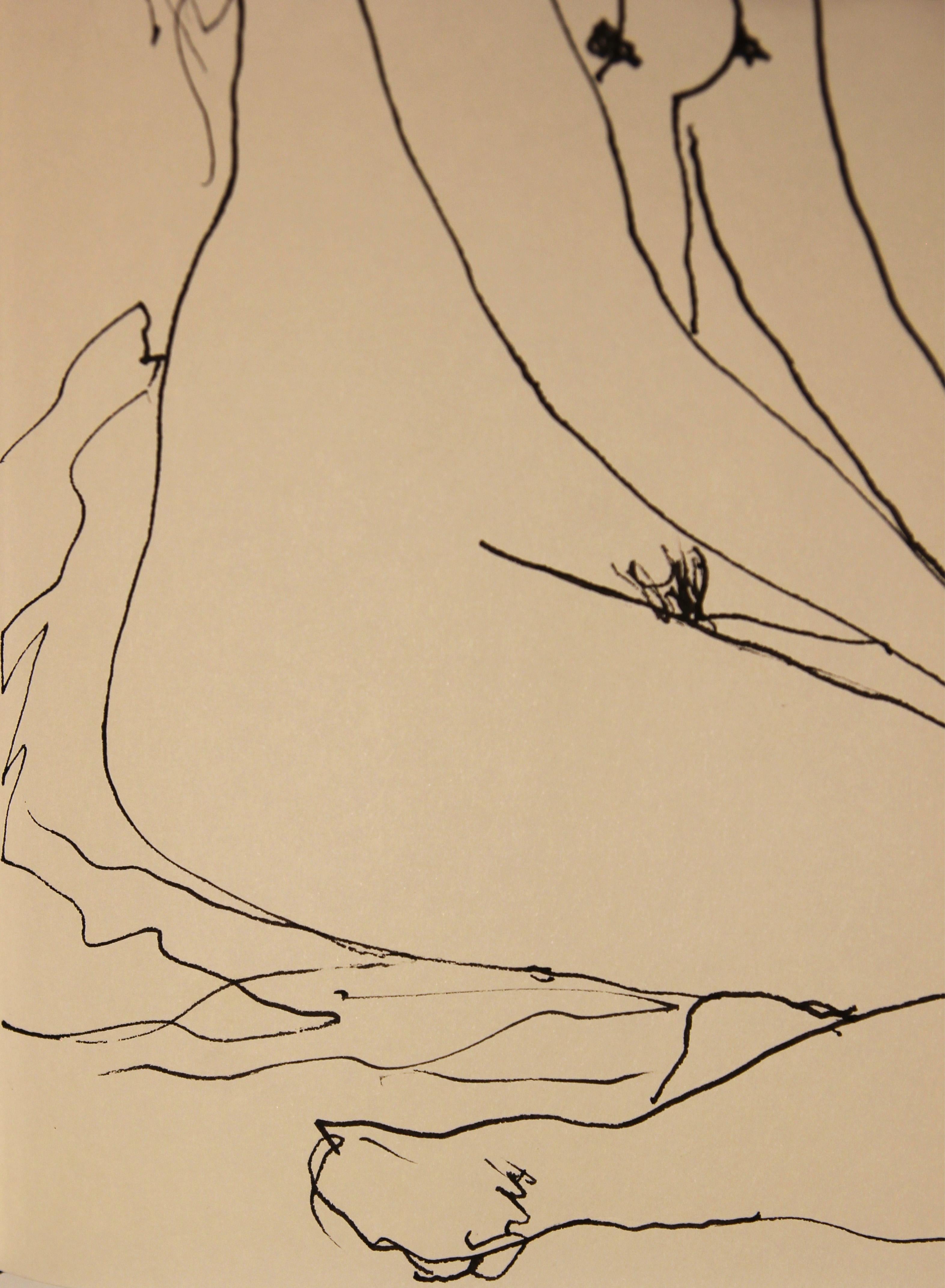 Drawing moderne abstrait à l'encre noire en ligne d'un nu féminin assis - Beige Figurative Art par Frank Dolejska