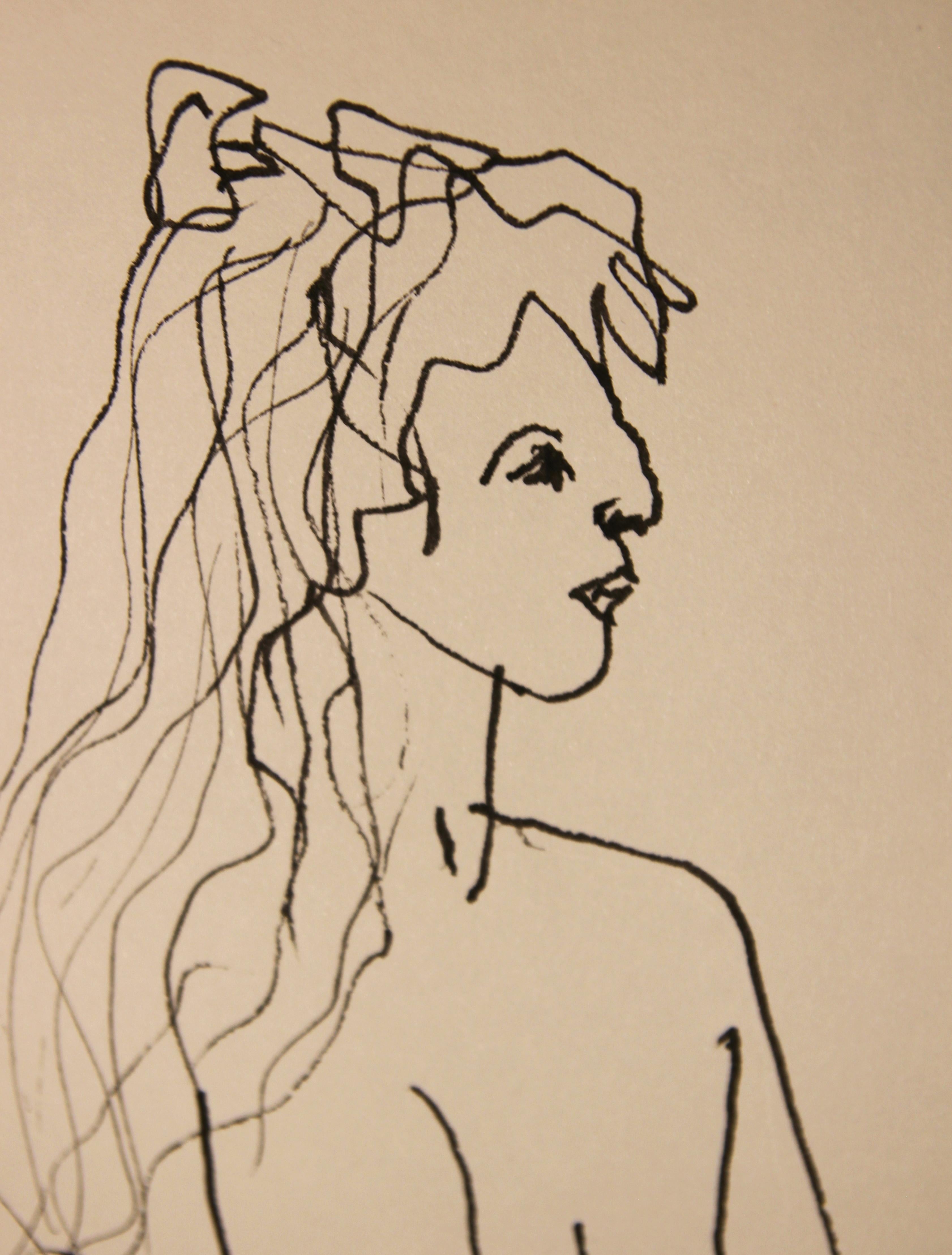 Drawing moderne abstrait à l'encre noire en ligne d'un nu féminin assis en vente 1