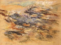 Modern Abstract Blue and Orange Toned Mountainous Village Landscape Drawing