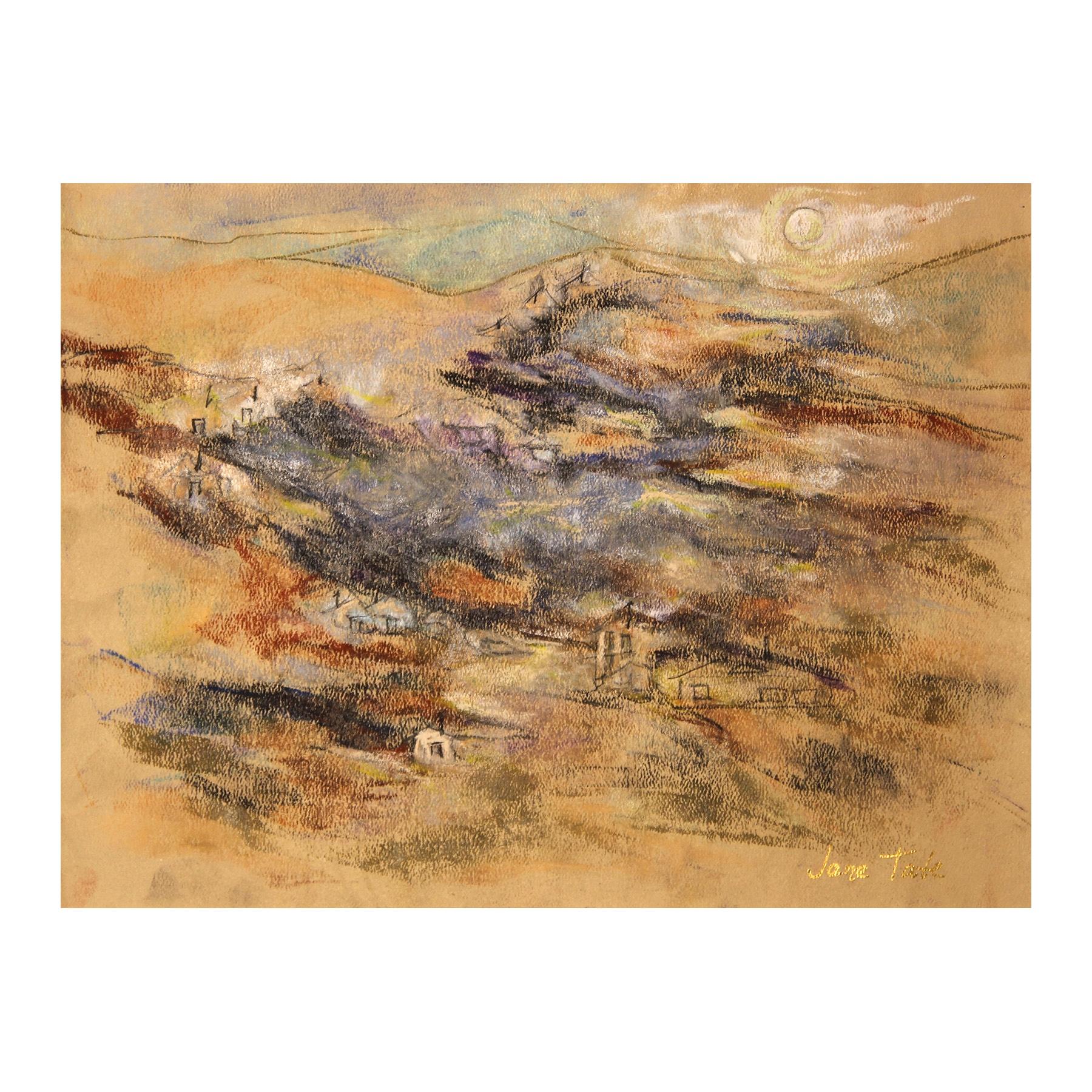 Modern Abstract Blue and Orange Toned Mountainous Village Landscape Drawing - Art by Jane Tate
