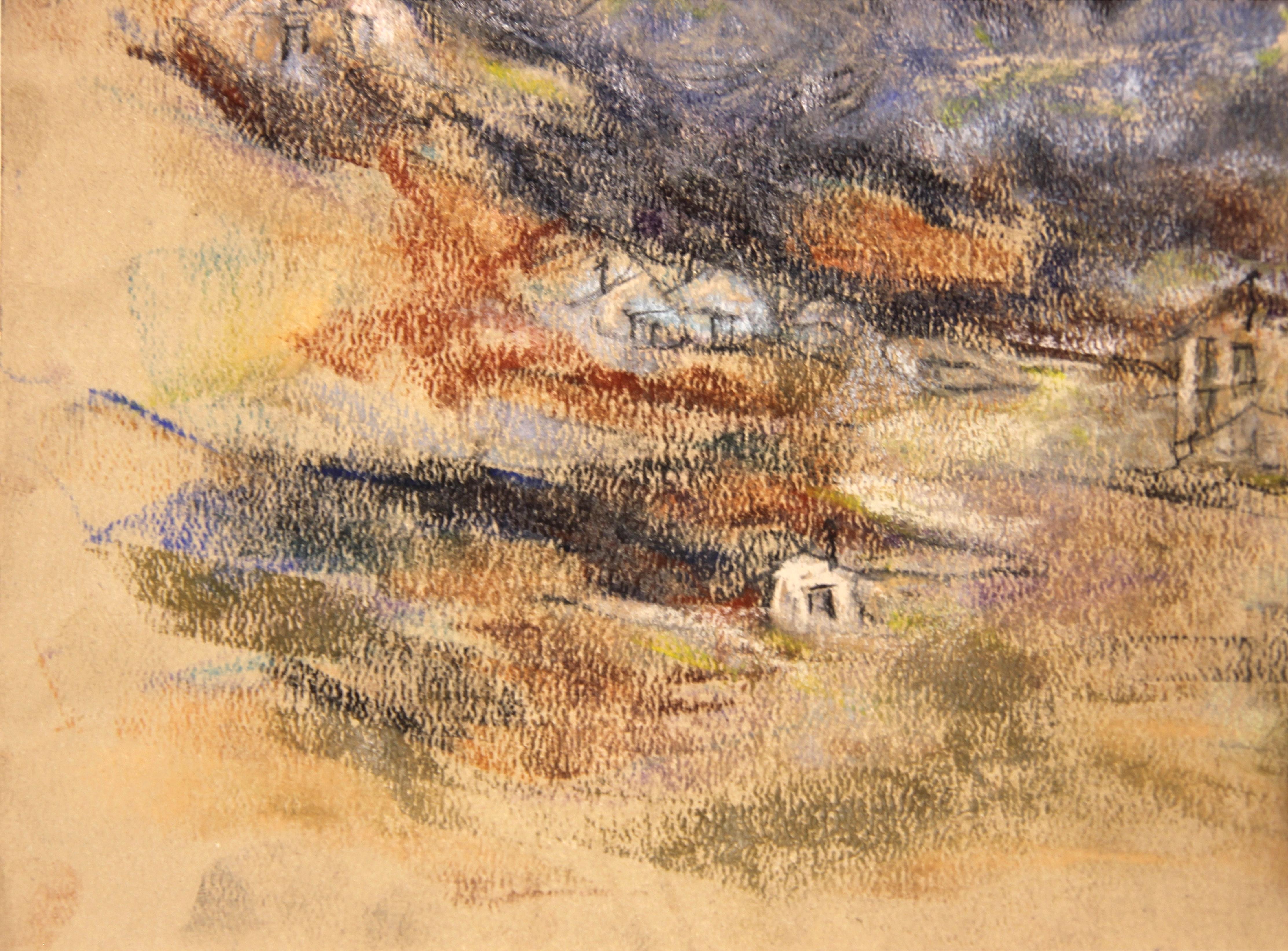 Dessin de paysage abstrait moderne aux tons bleus et orange de l'artiste américaine Jane Tate. L'œuvre présente un paysage montagneux majestueux avec des maisons donnant sur la campagne. Signé à l'avant, dans le coin inférieur droit. Actuellement,