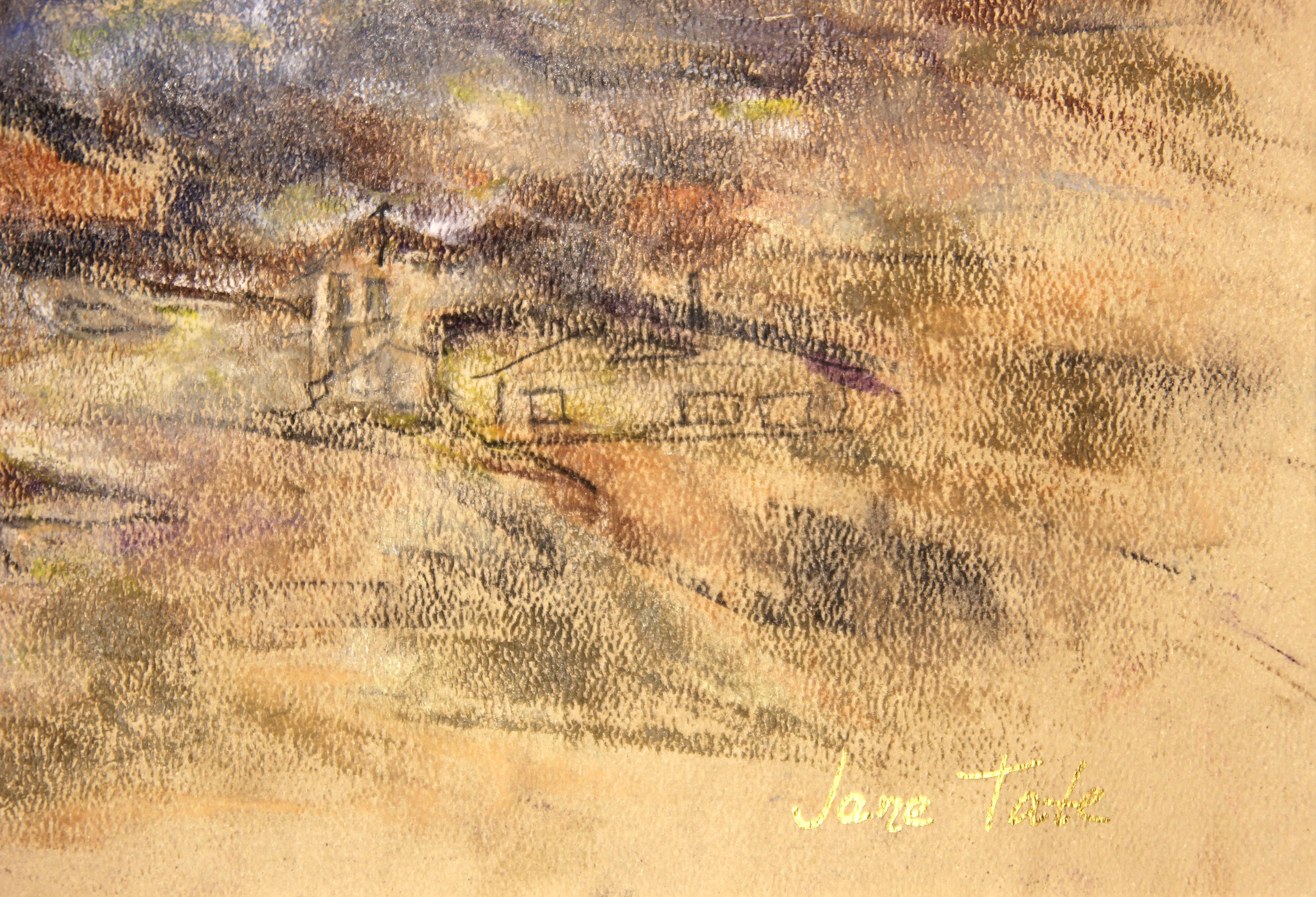 Modern Abstract Blue and Orange Toned Mountainous Village Landscape Drawing - Brown Landscape Art by Jane Tate