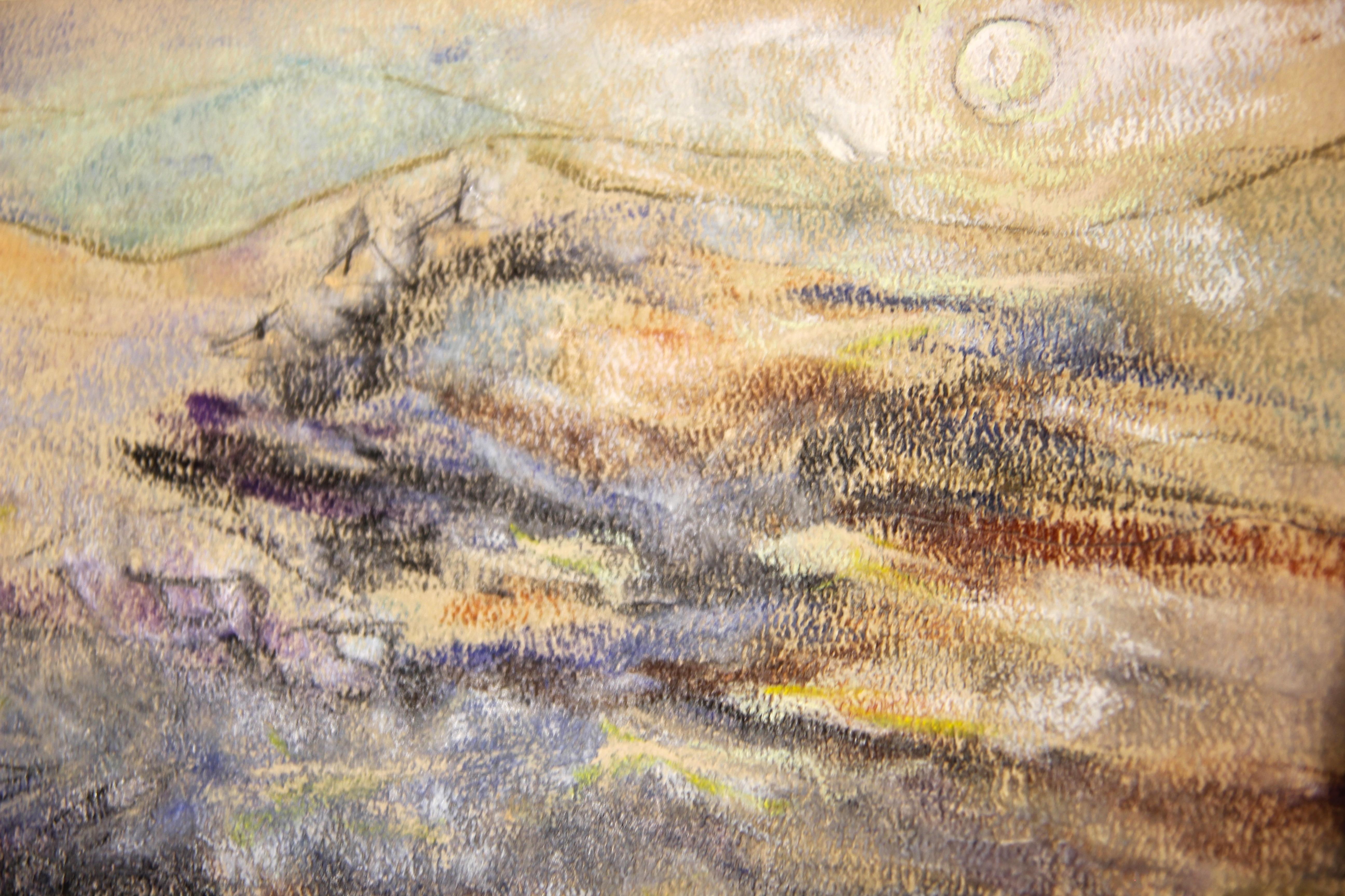Modern abstract blue and orange toned landscape drawing by American artist Jane Tate. The work features a majestic mountain landscape with houses dotting the countryside. Signed in front lower right corner. Currently unframed, but options are
