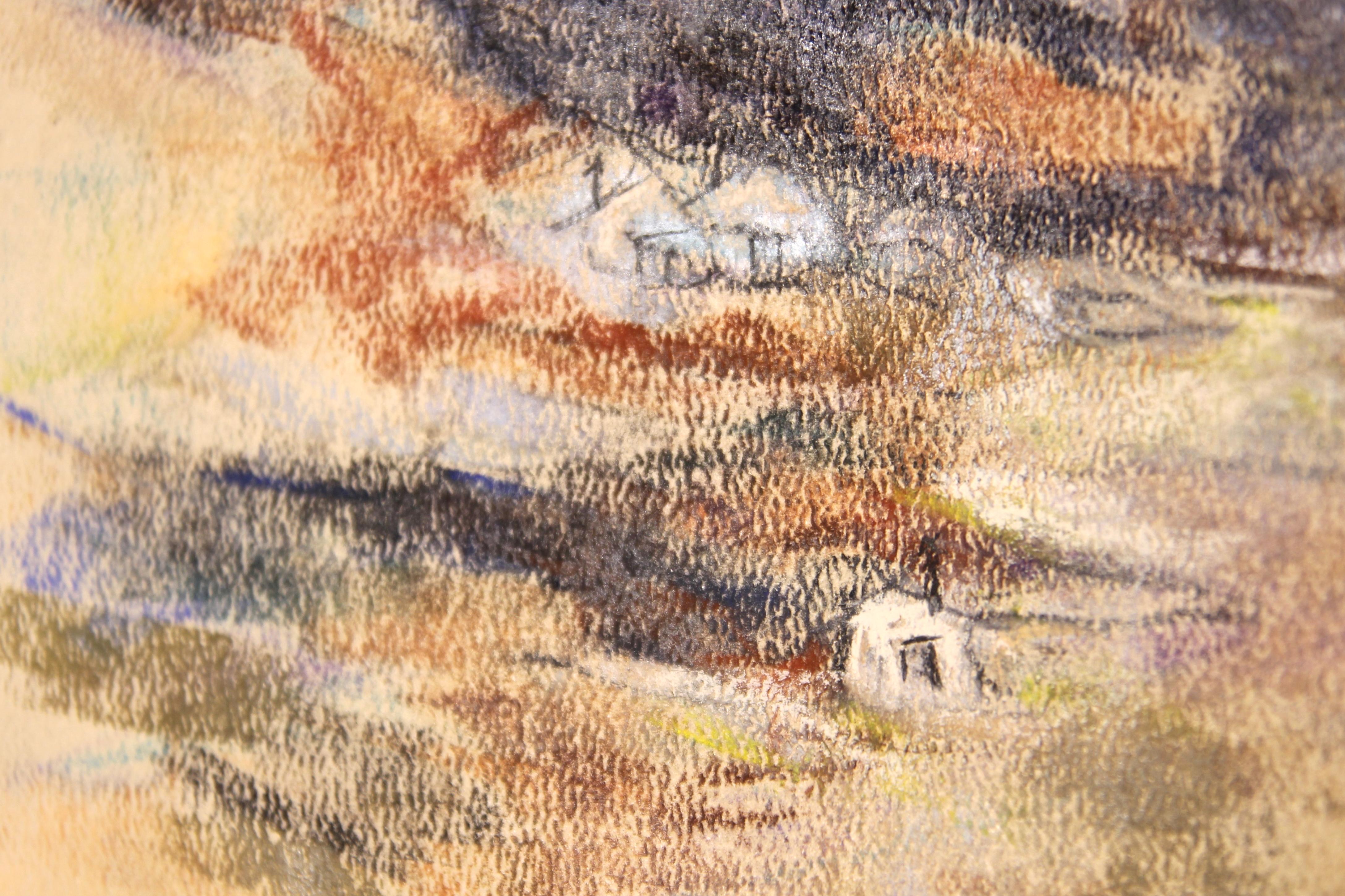 Modern Abstract Blue and Orange Toned Mountainous Village Landscape Drawing For Sale 2