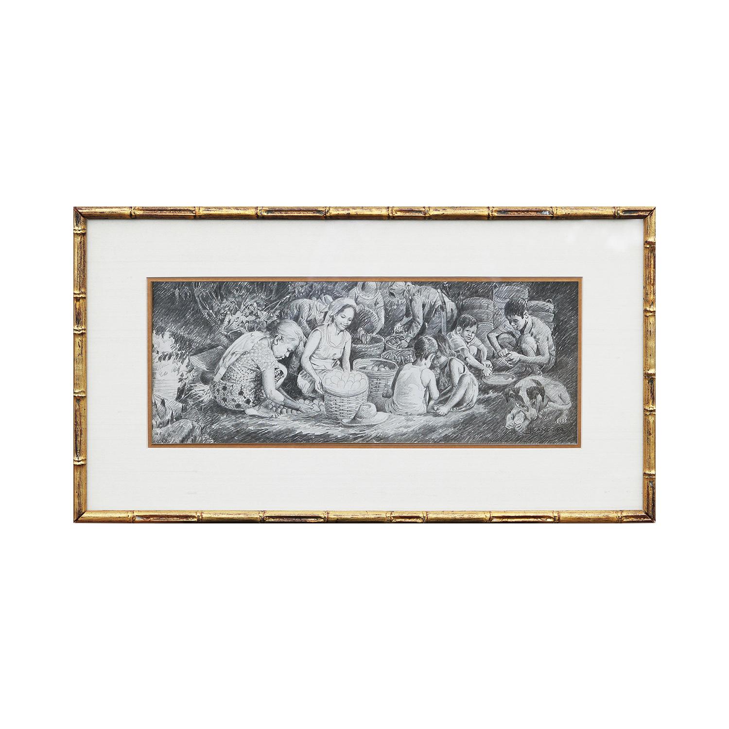 Philippinische Frauen und Kinder in einer pastoralen Szene in Zeichnung (Realismus), Art, von Jose V. Blanco