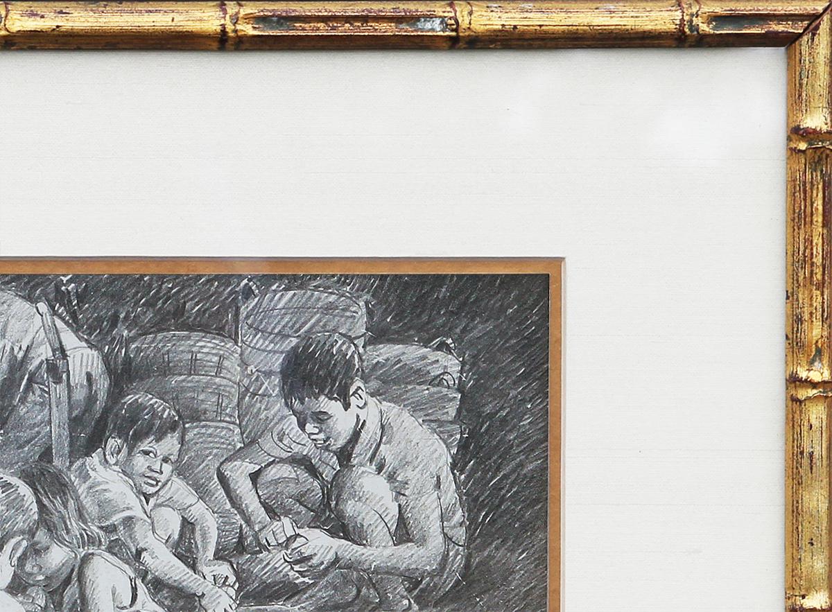 Pastorale Bleistift-auf-Papier-Skizze eines berühmten philippinischen Künstlers, Jose V. Blanco. Die Zeichnung zeigt philippinische Frauen und Kinder beim Sortieren von Mangos in geflochtenen Körben. Dies zeigt die einfache Lebensweise in ländlichen