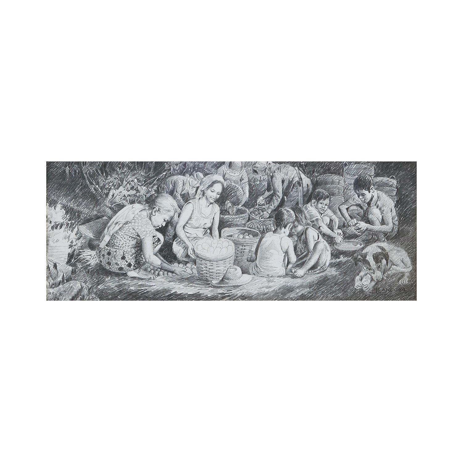 Philippinische Frauen und Kinder in einer pastoralen Szene in Zeichnung – Art von Jose V. Blanco
