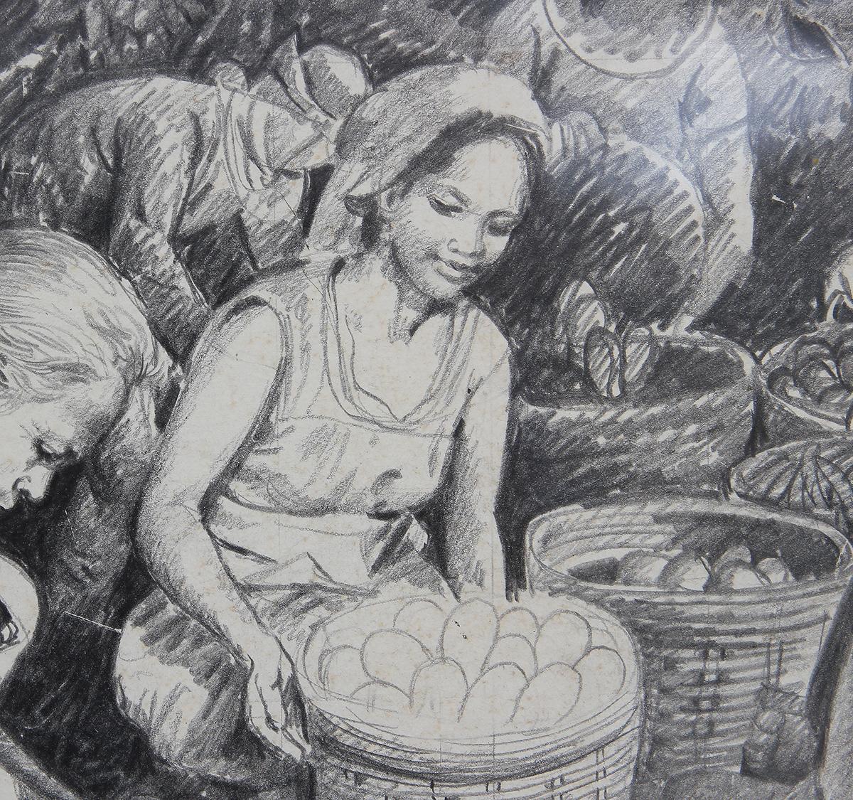 Filipino Women and Children in a Pastoral Scene Drawing For Sale 1