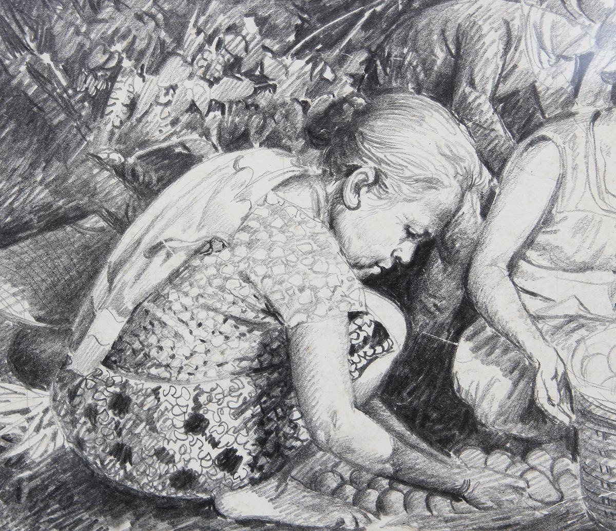 Pastoral pencil on paper sketch by a celebrated Filipino artist, Jose V. Blanco. The drawing depicts Filipino women and children sorting out mangoes in woven baskets. This depicts the simple way of life in rural areas in the Philippines where most