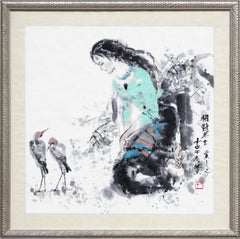 Cool Green Toned Abstract Figurative Watercolor Painting of a Woman with Birds