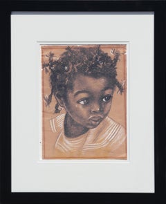 Modern Figurative Charcoal and Pastel Portrait of a Young Black Girl in Braids