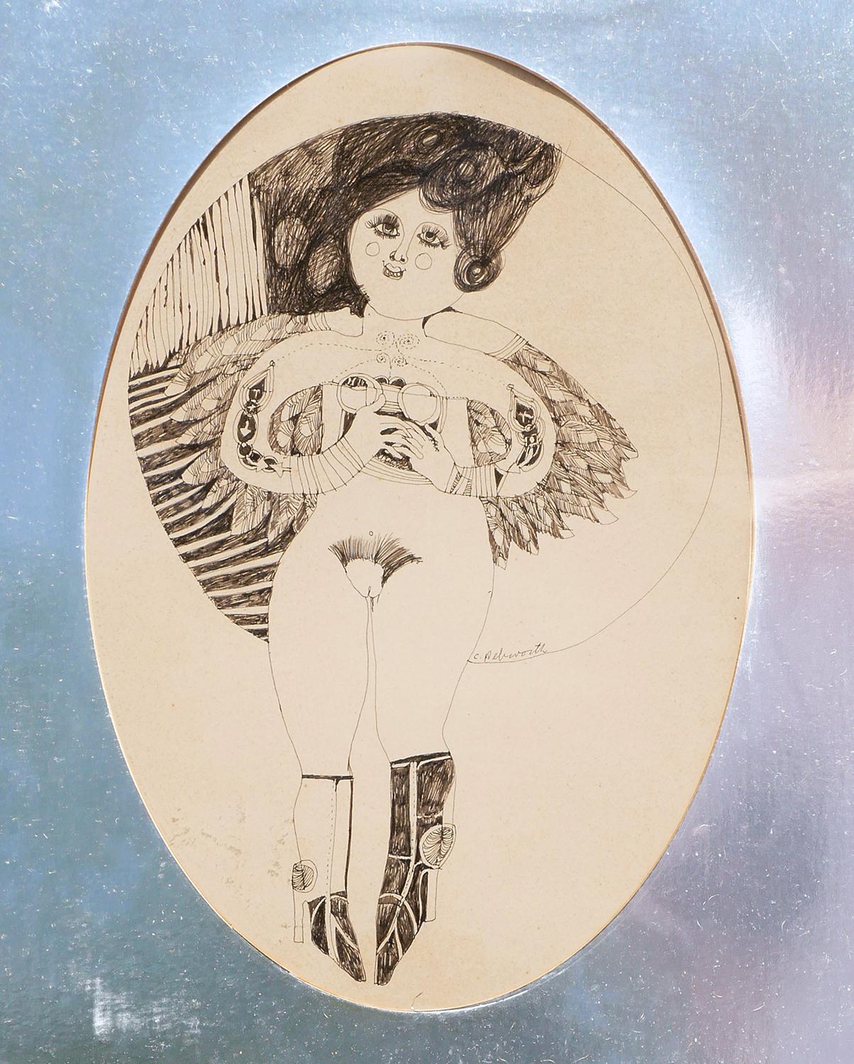 « I Think I Will », dessin ovale moderne d'une femme nue avec des ailes et des bottes en vente 2