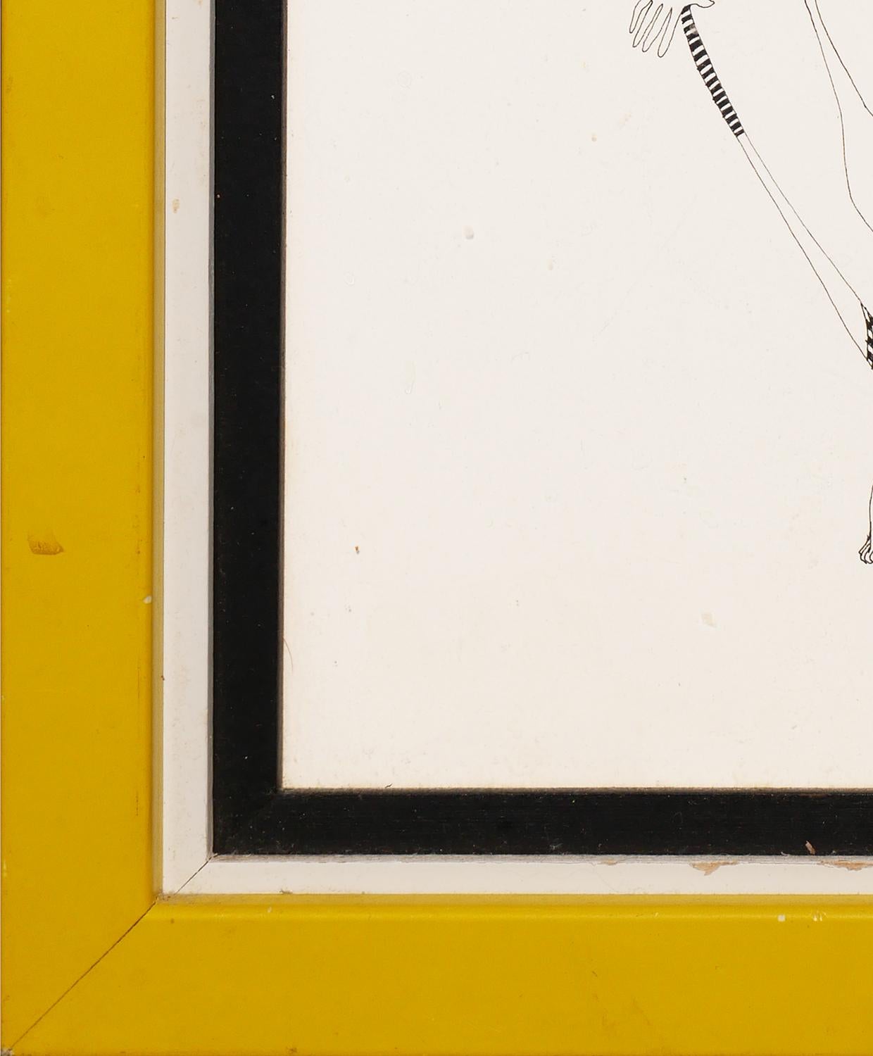 Modern abstract figurative drawing of a nude, tattooed woman with wings by Houston, TX artist Charles Pebworth. Signed by the artist on the figure's left hip. Hung behind glass in a yellow, black, and white frame. 

Dimensions Without Frame: H 10