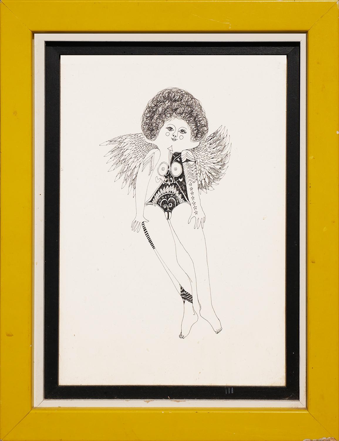 Moderne moderne abstrakte figurative Zeichnung einer nackten Frau mit Tattoos und  Flügel im Angebot 3