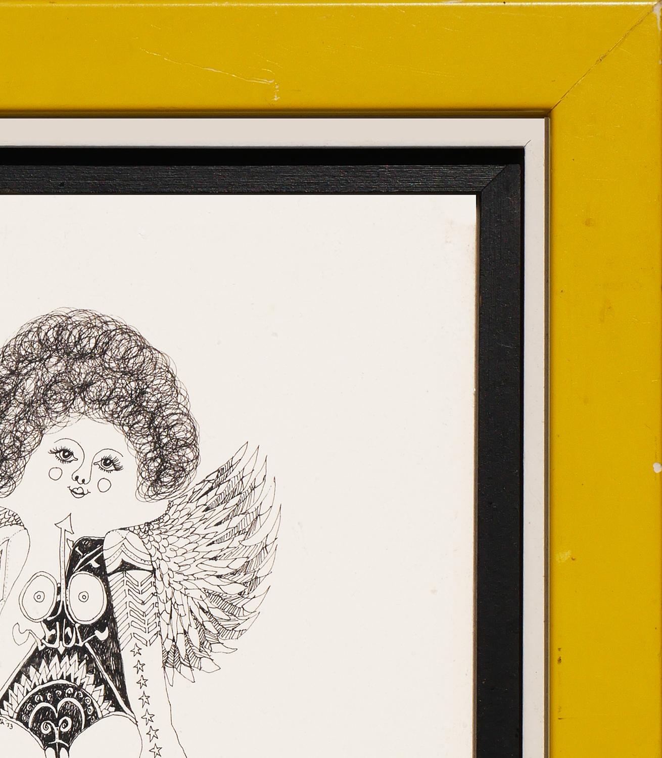 Moderne abstrakte figurative Zeichnung einer nackten, tätowierten Frau mit Flügeln des Künstlers Charles Pebworth aus Houston, TX. Signiert vom Künstler auf der linken Hüfte der Figur. Aufgehängt hinter Glas in einem gelb-schwarz-weißen Rahmen.