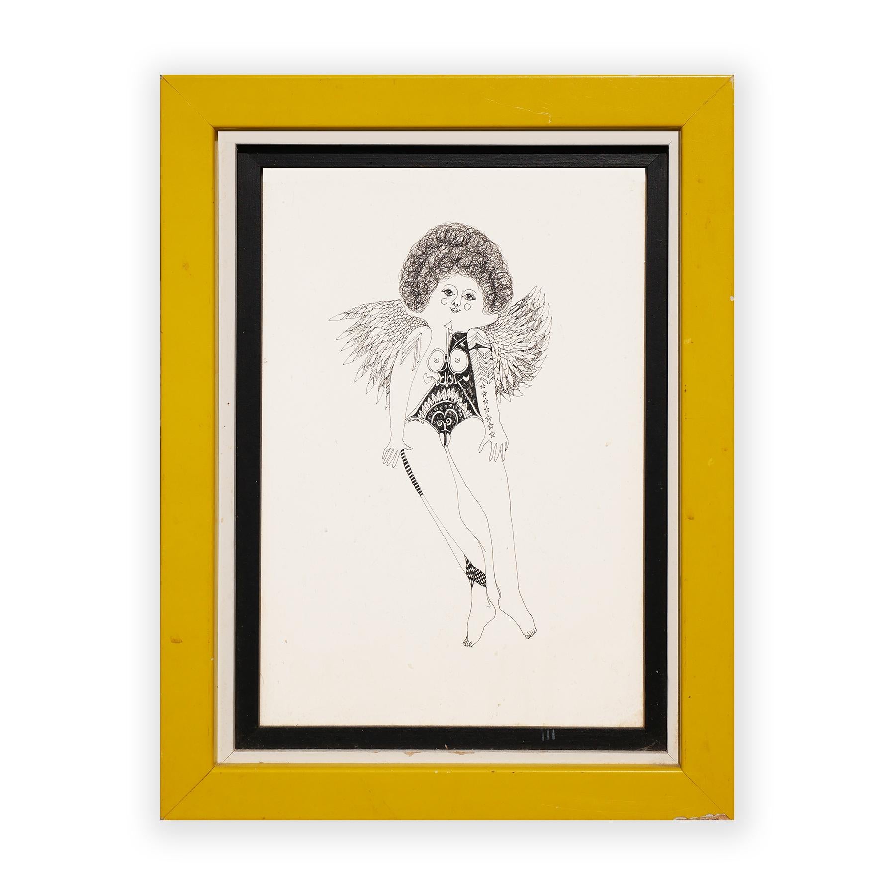 Moderne moderne abstrakte figurative Zeichnung einer nackten Frau mit Tattoos und  Flügel – Art von Charles Pebworth