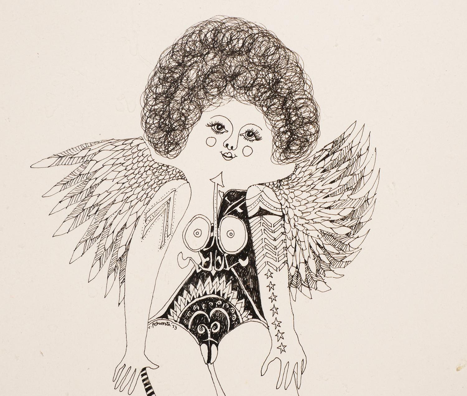 Moderne moderne abstrakte figurative Zeichnung einer nackten Frau mit Tattoos und  Flügel im Angebot 4