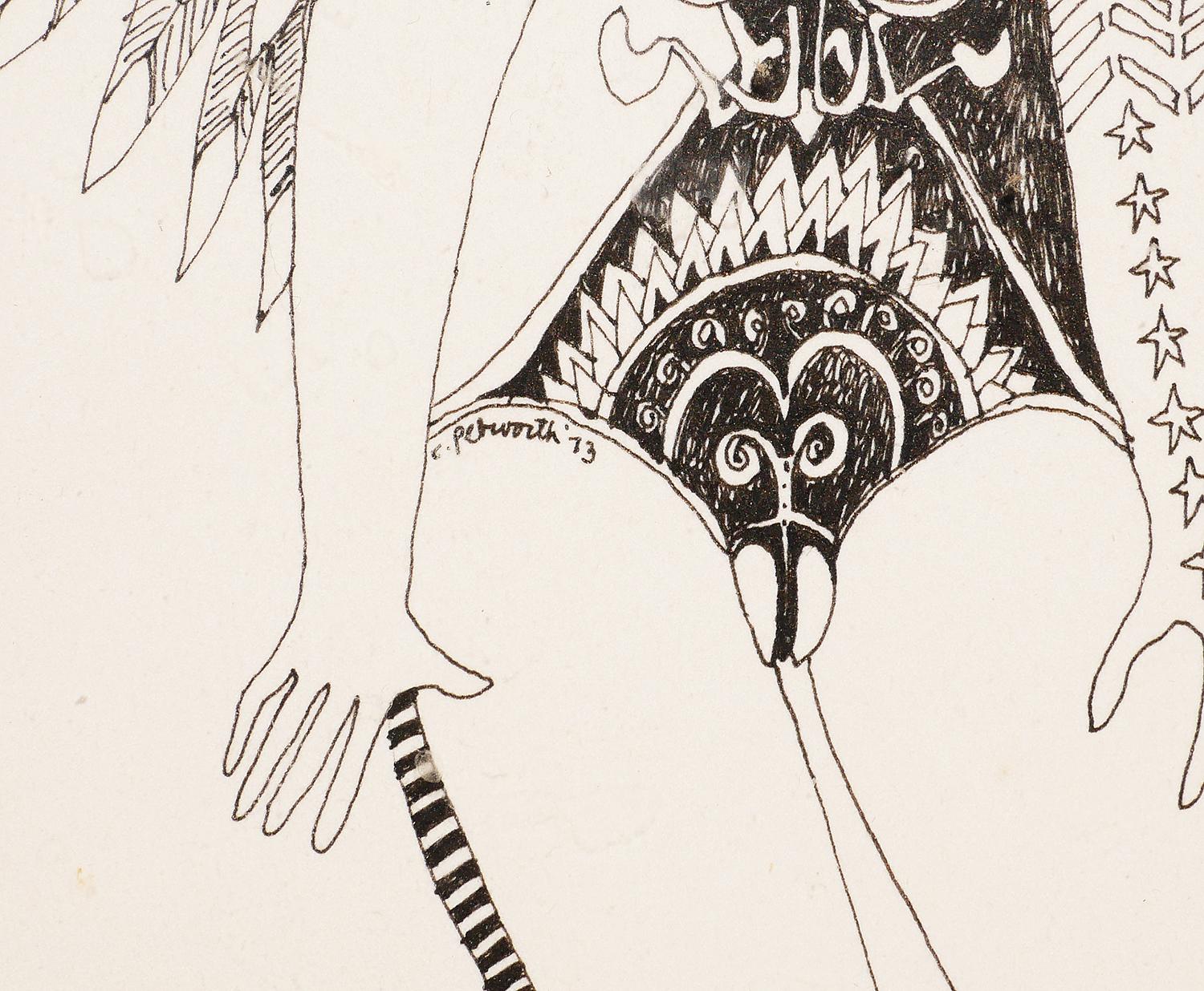 Moderne moderne abstrakte figurative Zeichnung einer nackten Frau mit Tattoos und  Flügel im Angebot 5