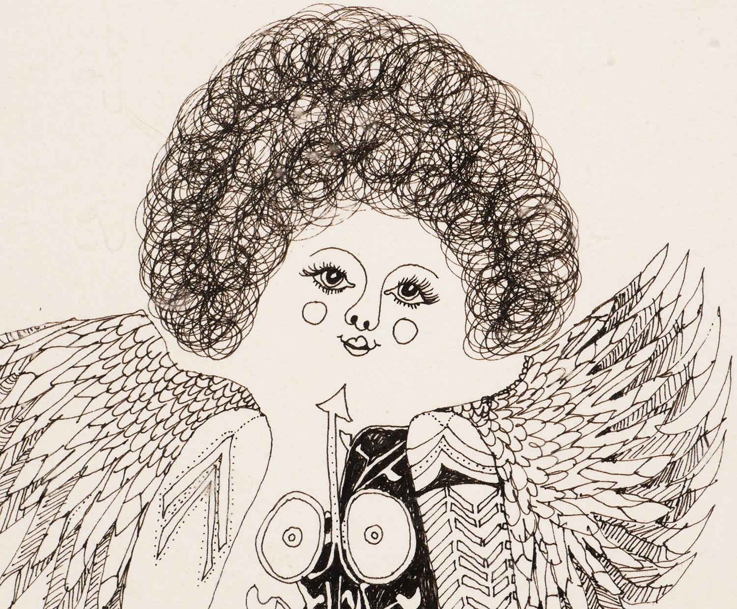 Moderne moderne abstrakte figurative Zeichnung einer nackten Frau mit Tattoos und  Flügel im Angebot 6