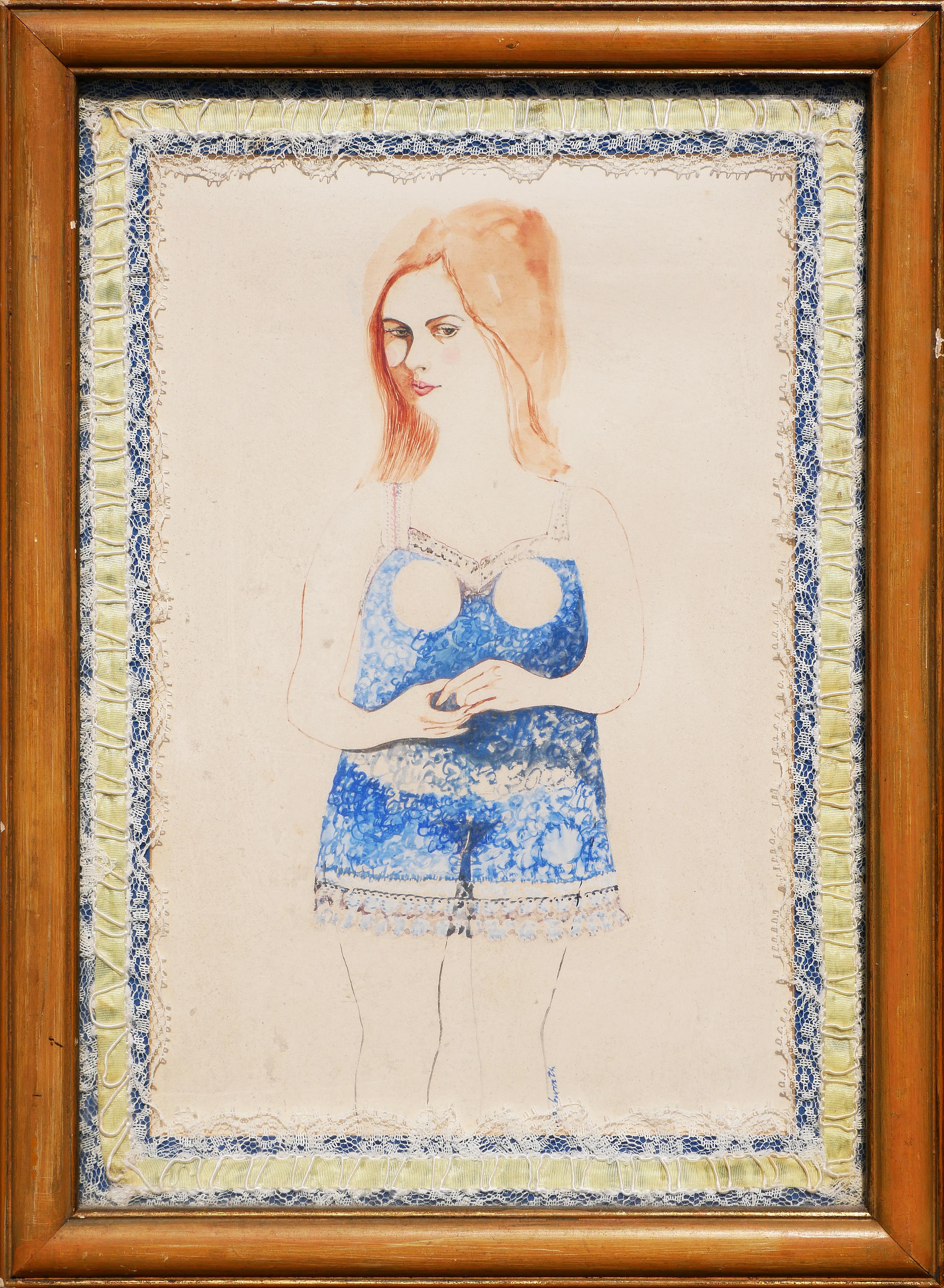 "A Long Time Ago" Modern Figurative Abstract Drawing of a Woman in Blue Lingerie