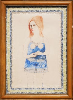 Vintage "A Long Time Ago" Modern Figurative Abstract Drawing of a Woman in Blue Lingerie