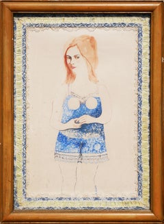 "A Long Time Ago" Modern Figurative Abstract Drawing of a Woman in Blue Lingerie