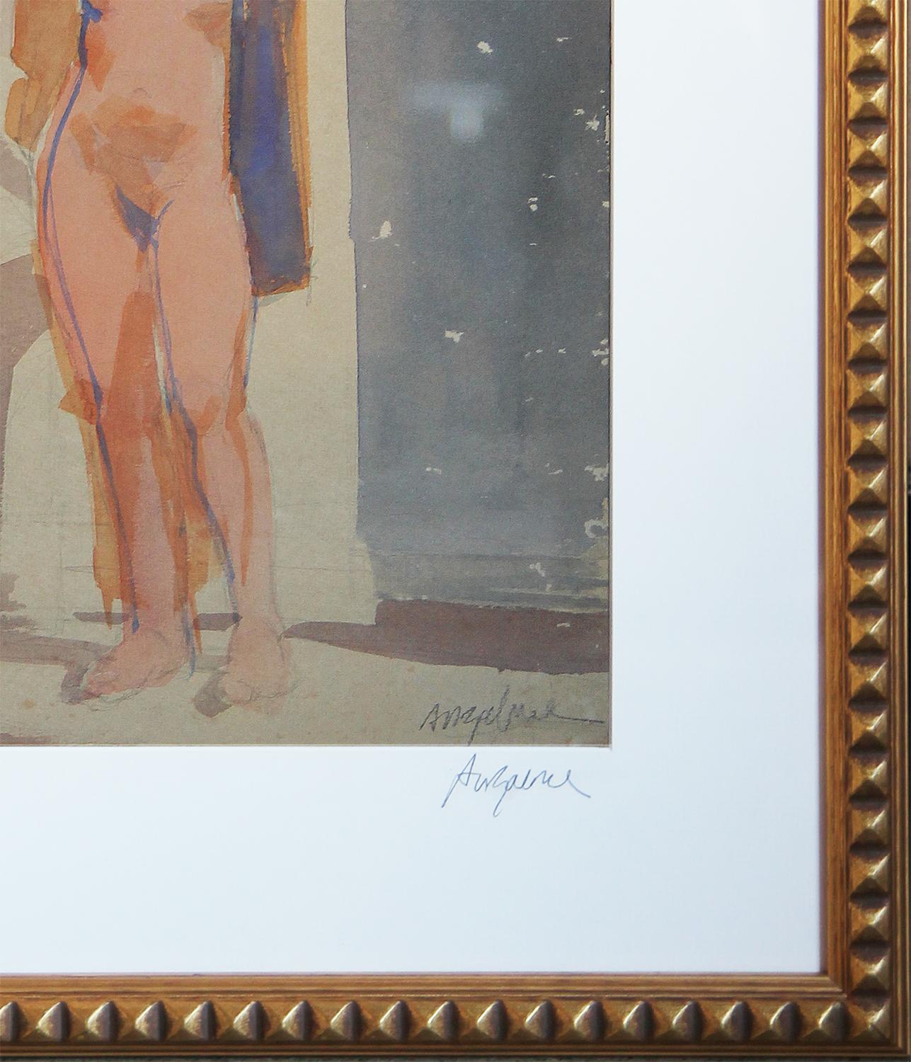 Colorful figurative drawing by Texas artist William Anzalone. The drawing depicts a nude woman in solitude taking off her robe. Signed by the artist at the bottom right. Framed in a beautiful black modern frame.

Dimensions Without Frame: H 16 in. x