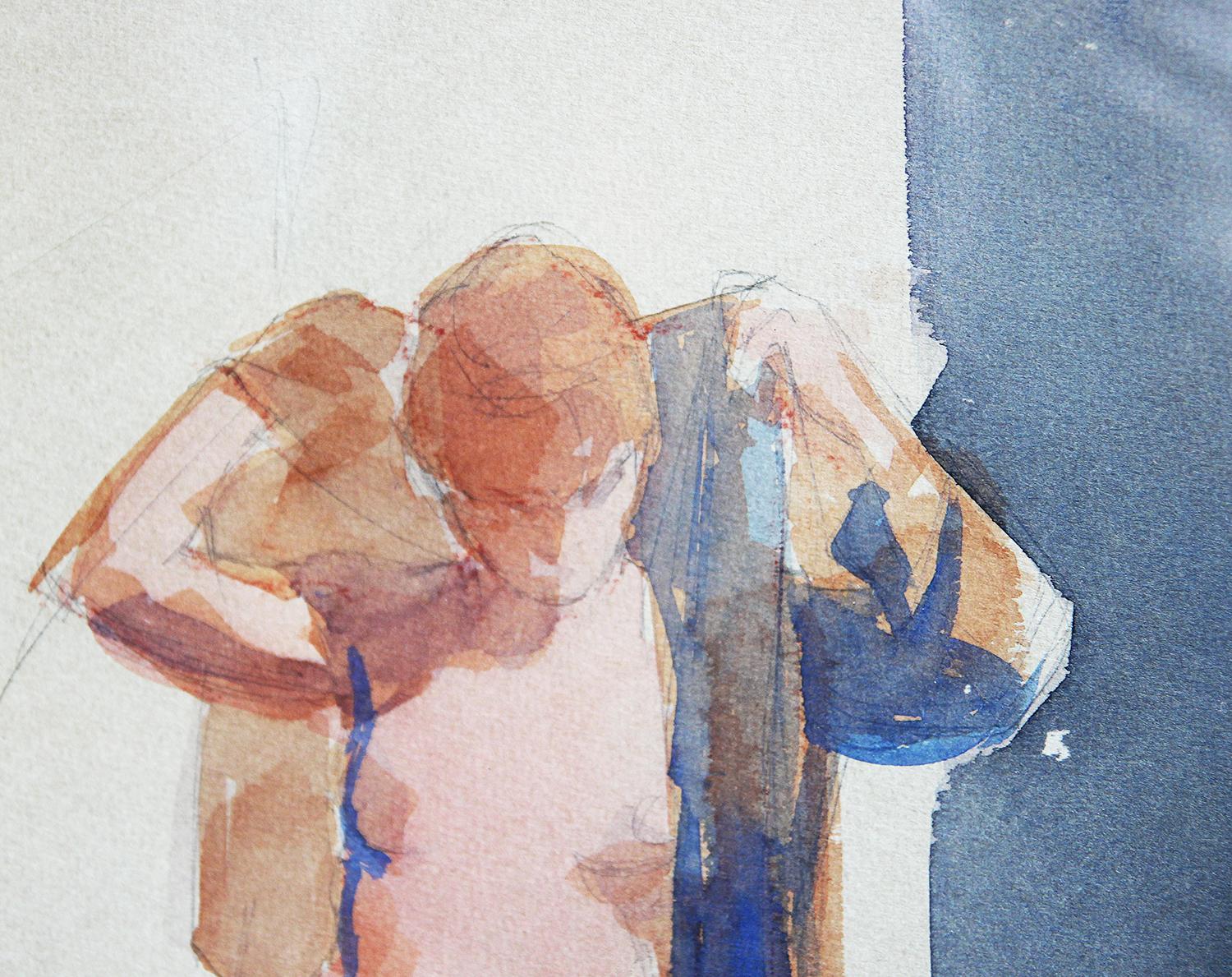 Colorful figurative drawing by Texas artist William Anzalone. The drawing depicts a nude woman in solitude taking off her robe. Signed by the artist at the bottom right. Framed in a beautiful black modern frame.

Dimensions Without Frame: H 16 in. x