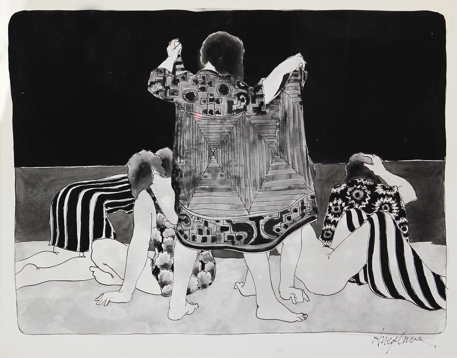 Black and white figurative drawing by Texas artist William Anzalone. The drawing depicts five nude women hanging out by what appears to be an abstract beach landscape. Signed by the artist at the bottom right. Framed in a beautiful black modern