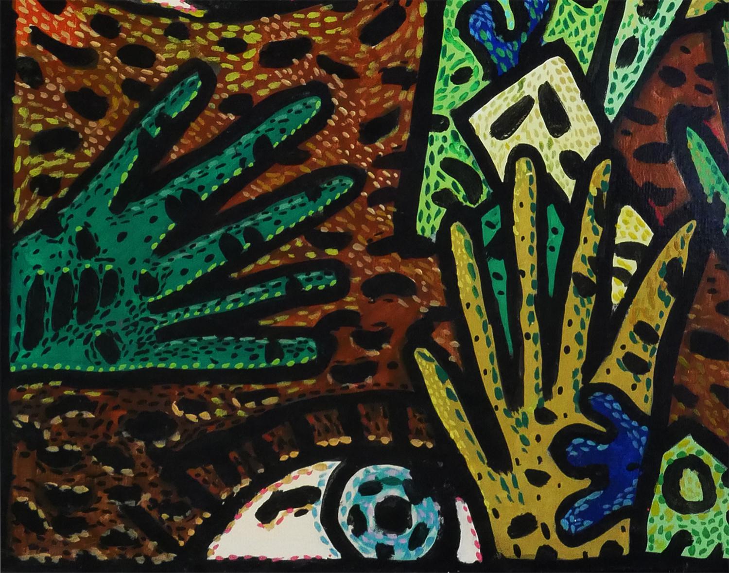 Zeitgenössisches abstraktes Gemälde in Grün, Blau und Gelb, „Addicted to Geld“ (Schwarz), Abstract Drawing, von Richard Fluhr