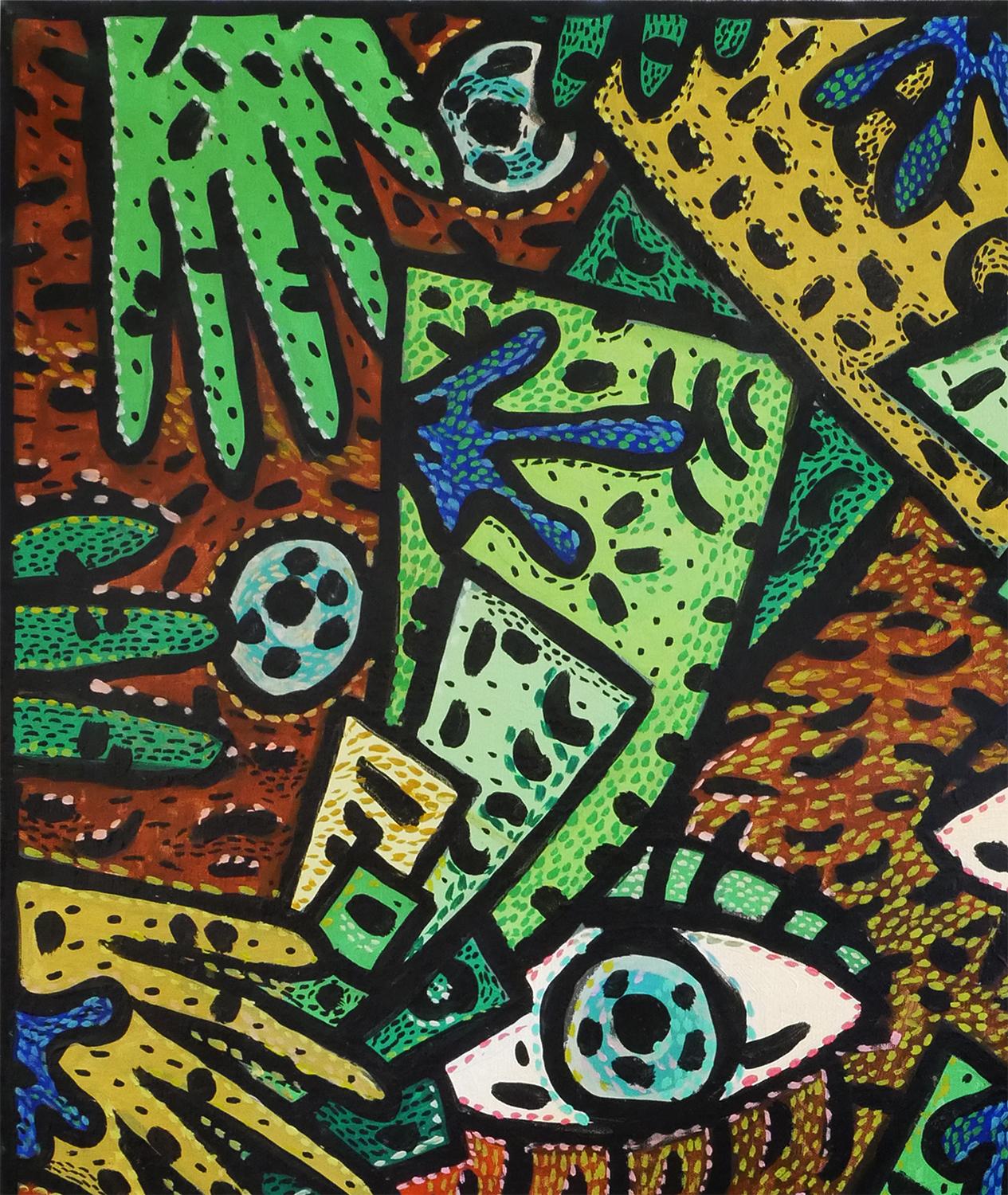 Zeitgenössisches abstraktes Gemälde in Grün, Blau und Gelb, „Addicted to Geld“ – Art von Richard Fluhr