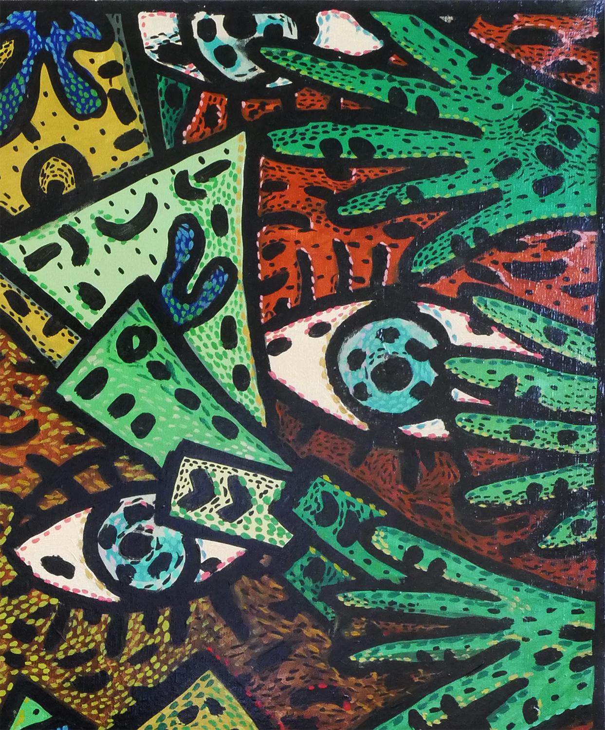 Zeitgenössisches abstraktes Gemälde in Grün, Blau und Gelb, „Addicted to Geld“ (Abstrakt), Art, von Richard Fluhr