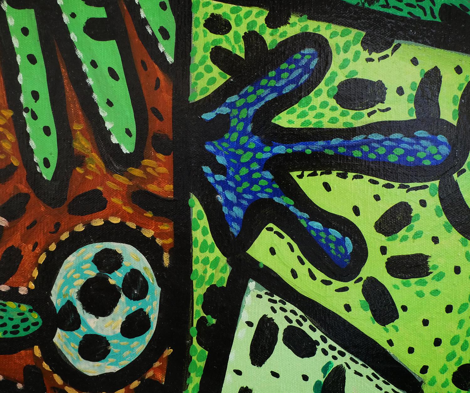 Zeitgenössisches abstraktes Gemälde in Grün, Blau und Gelb, „Addicted to Geld“ im Angebot 1