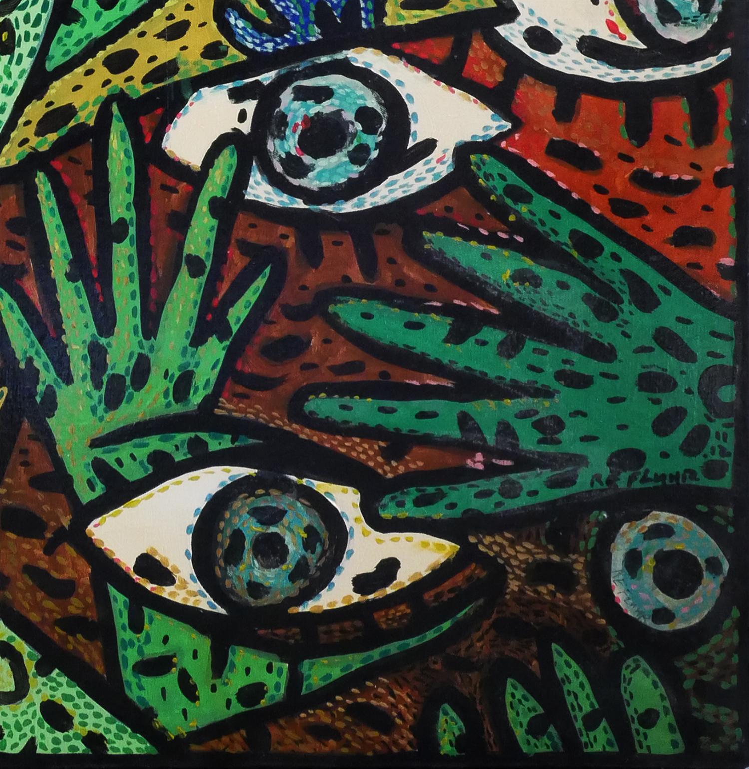 Grünes und rotes abstraktes zeitgenössisches Gemälde des Künstlers Richard Fluhr aus Houston, TX. Dieses Gemälde zeigt abstrakte blaue Augen vor einem Hintergrund aus abstrahierten blauen, orangefarbenen und grünen Formen, die an Hände und
