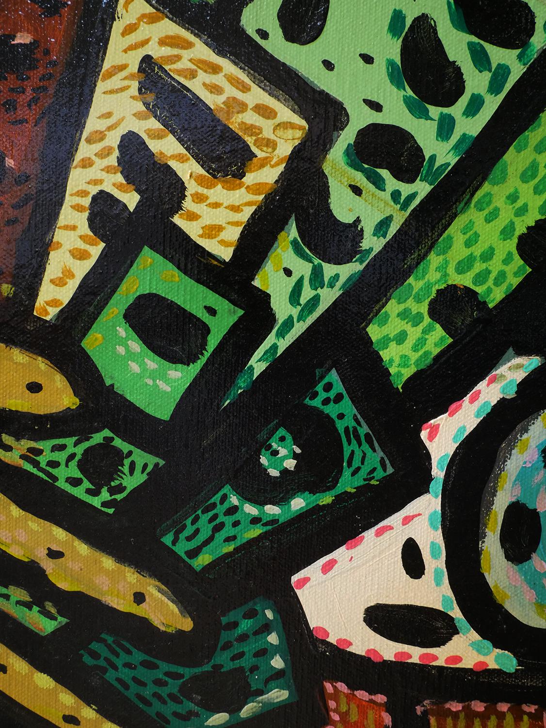 Zeitgenössisches abstraktes Gemälde in Grün, Blau und Gelb, „Addicted to Geld“ im Angebot 5