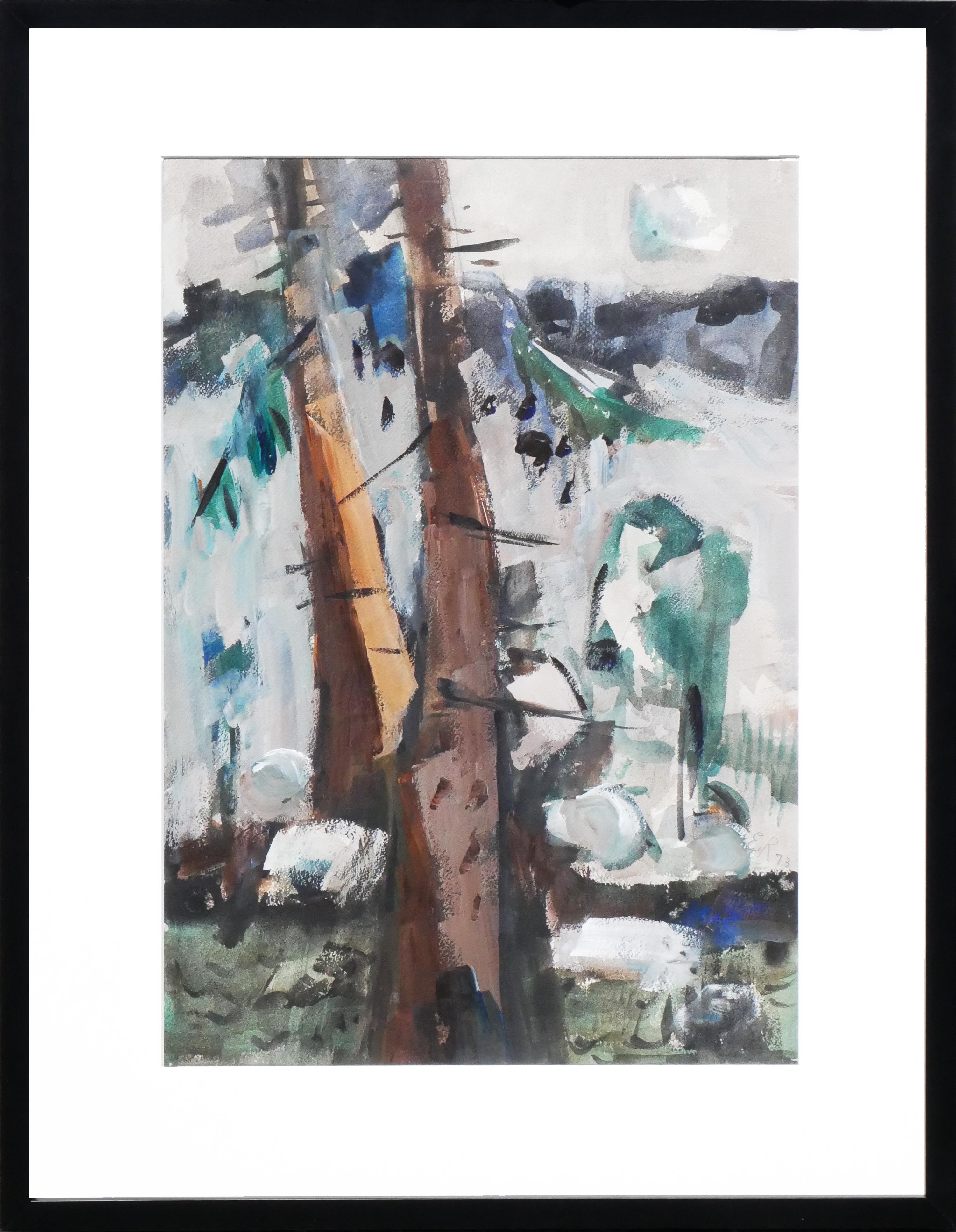 Emily Rutland Abstract Drawing - "Tree and Moon" Blue and Green Toned Abstract Impressionist Forest Painting